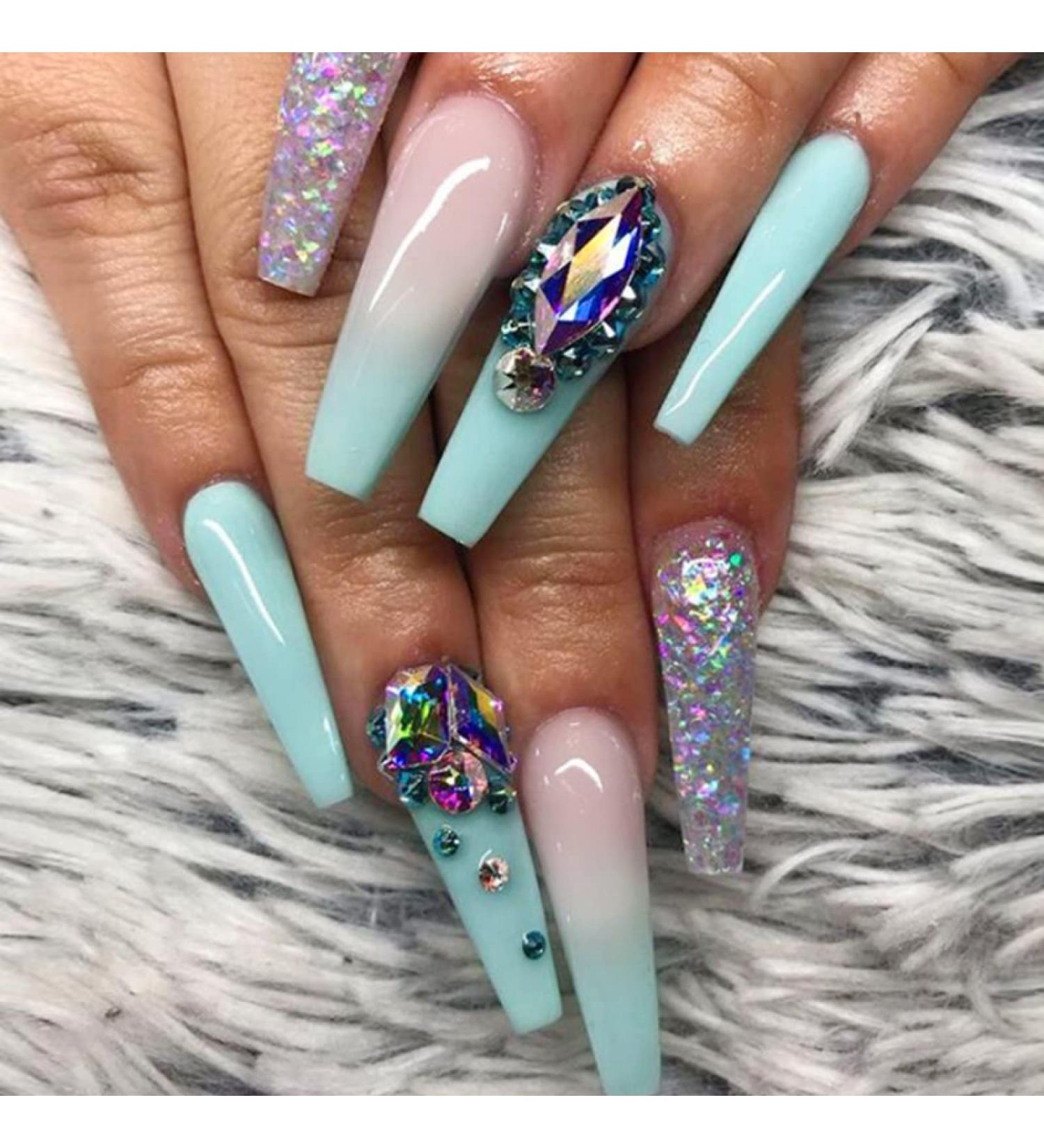 24pcs Fake Nails Extra Long Ballerina Coffin Serpentine Rhinestone Pink Decals DIY False Nails with Designs Nail Art New in 2022