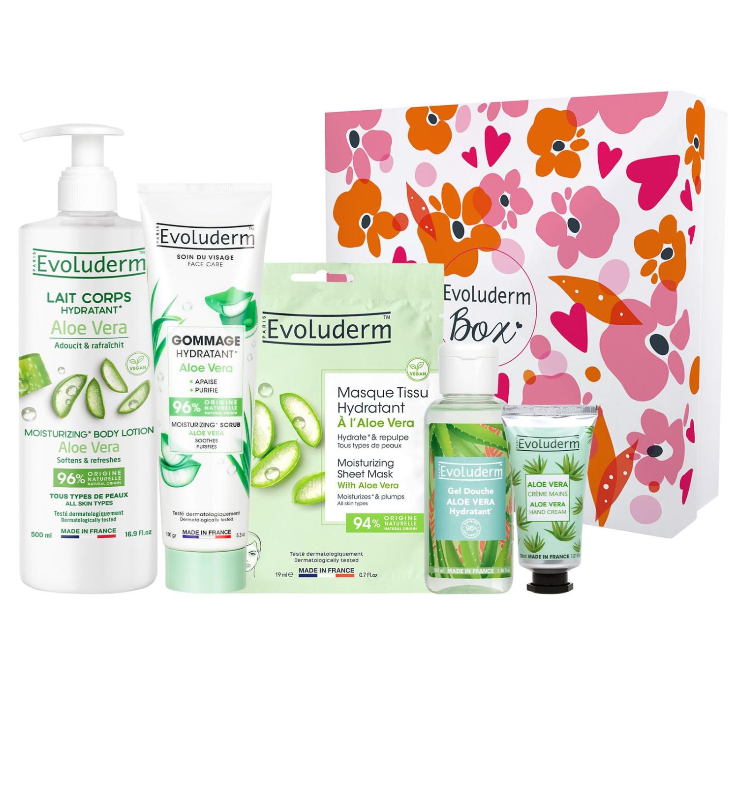 EVOLUDERM 100% Aloe Vera Gift Box 5 products + Shower Flower Natural Origin Vegan Made in France Ros a Box Gift Idea Ideal Christmas Birthday Mother s Day gift - Buy Online on GoSupps.com