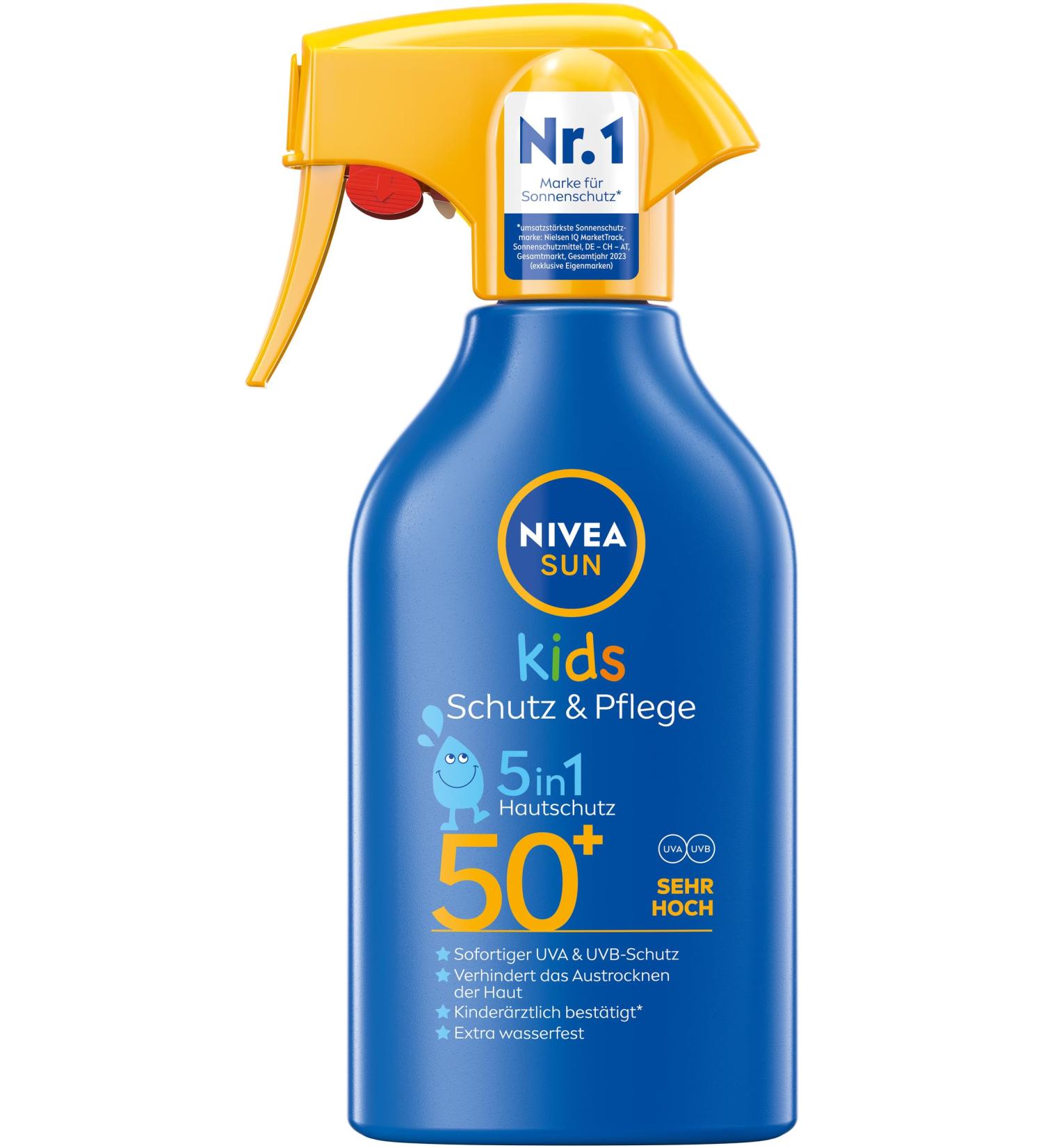 NIVEA Sun Kids Protection & Care 5in1 LSF 50+ Spray - Waterproof Sunscreen with Organic Almond Oil for Sensitive Skin (250 ml) - Buy Online on GoSupps.com