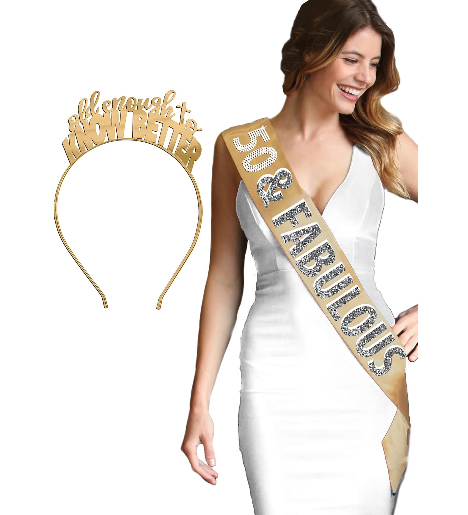50th Birthday Rhinestone Sash & Headband Set - Fabulous Gold Party Decorations - Buy Online on GoSupps.com