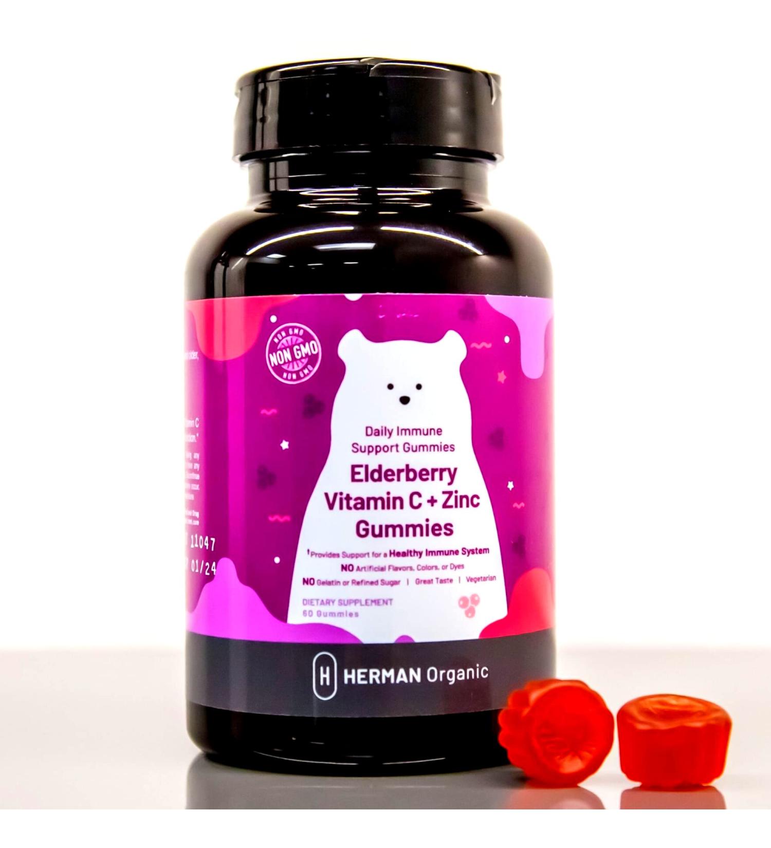 Herman Organic Zinc Elderberry Gummies with Vitamin C - Immune Support Supplements for Adults - Gummy Vitamins for Women and Men - Buy Online on GoSupps.com