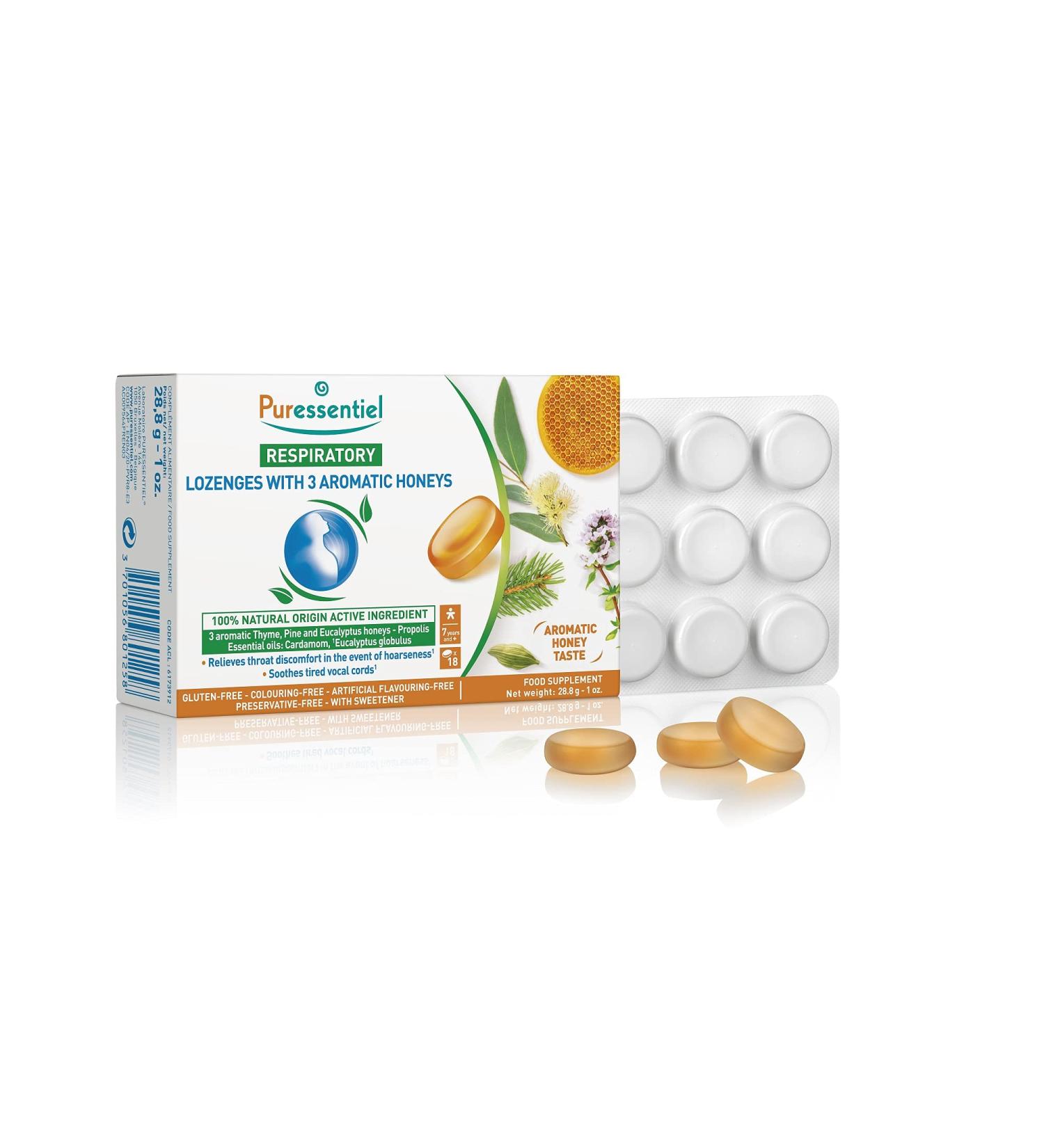 Puressentiel Respiratory Lozenges - 18 Honey Aromatic Lozenges - Sore Throat Relief with Eucalyptus & Cardamom Oils - Gluten-Free - Buy Online on GoSupps.com
