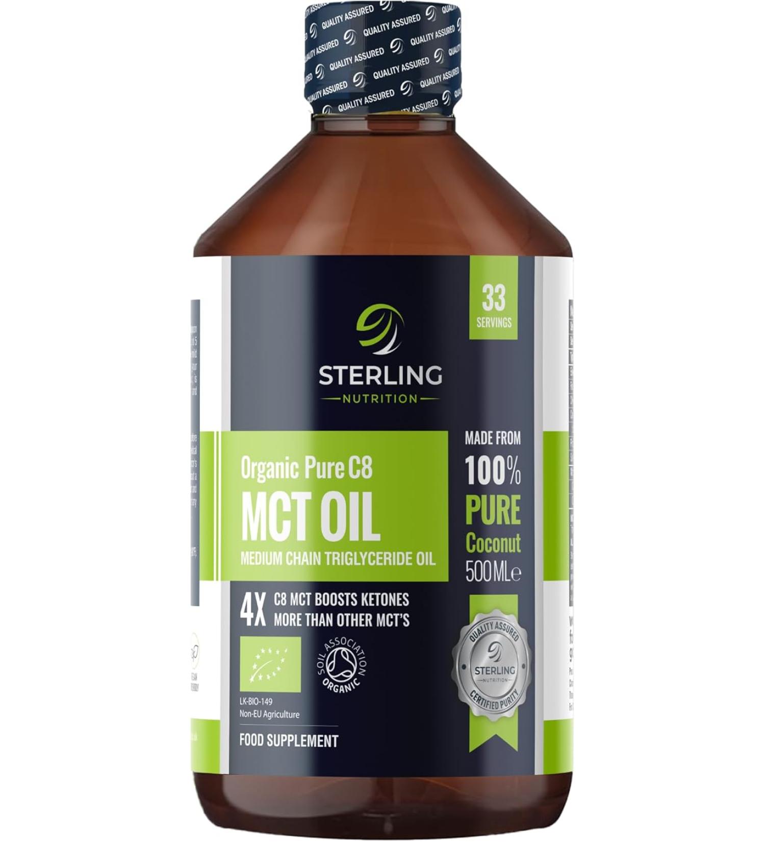 Organic Pure C8 MCT Oil - 100% Coconut - Boosts Ketones 3X - Keto & Bulletproof Coffee - Vegan - 500ml by Sterling Nutritionn - Buy Online on GoSupps.com
