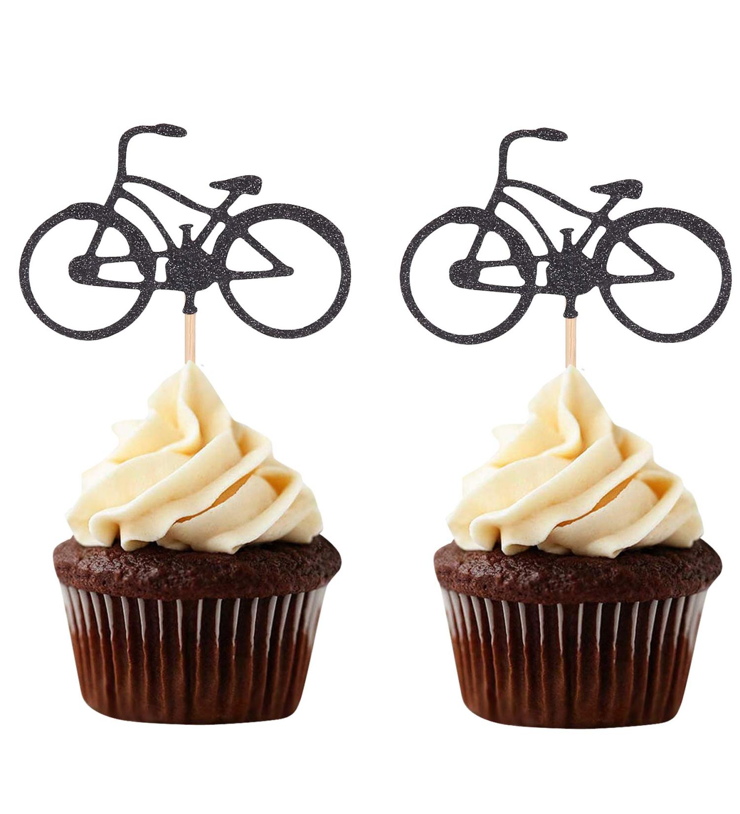 24 Black Glitter Bike Cupcake Toppers Cycling Sports Theme Decorations Boy Birthday Appetizer Picks