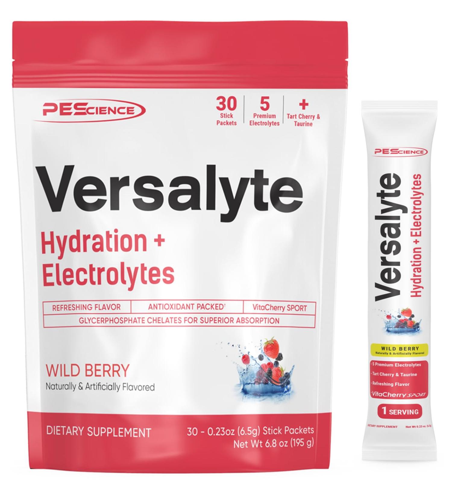 PEScience Versalyte Electrolyte Hydration Packets Sugar Free Electrolyte Powder with Magnesium Taurine Antioxidants Trace Minerals - Wild Berry with Stevia 30 Servings Wild Berry Splash - Buy Online on GoSupps.com