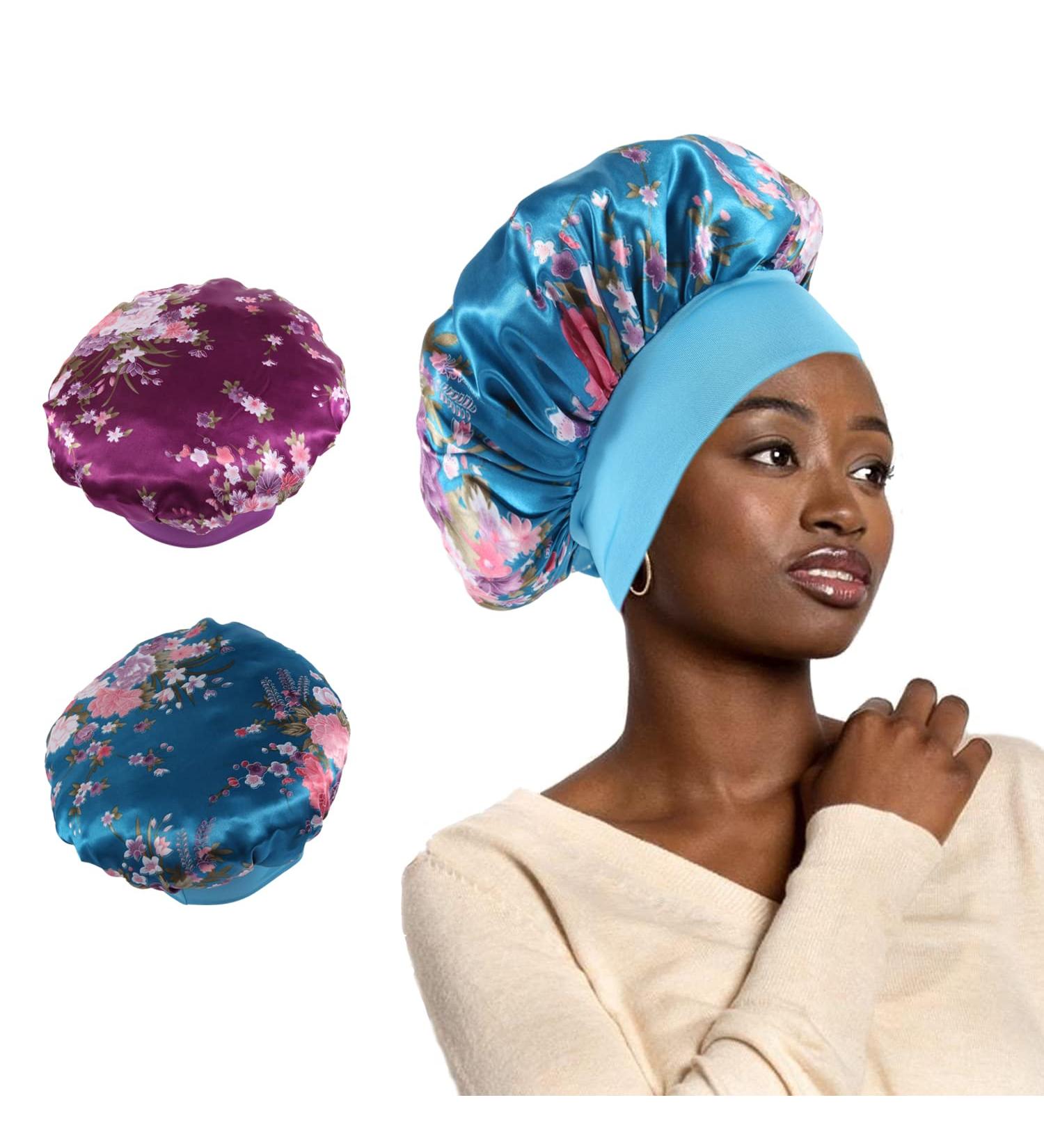 2Pcs Satin Bonnet  Silk Bonnets  Hair Bonnet for Sleeping  Hair Wrap for Curly Hair Braids (Purple Blue)