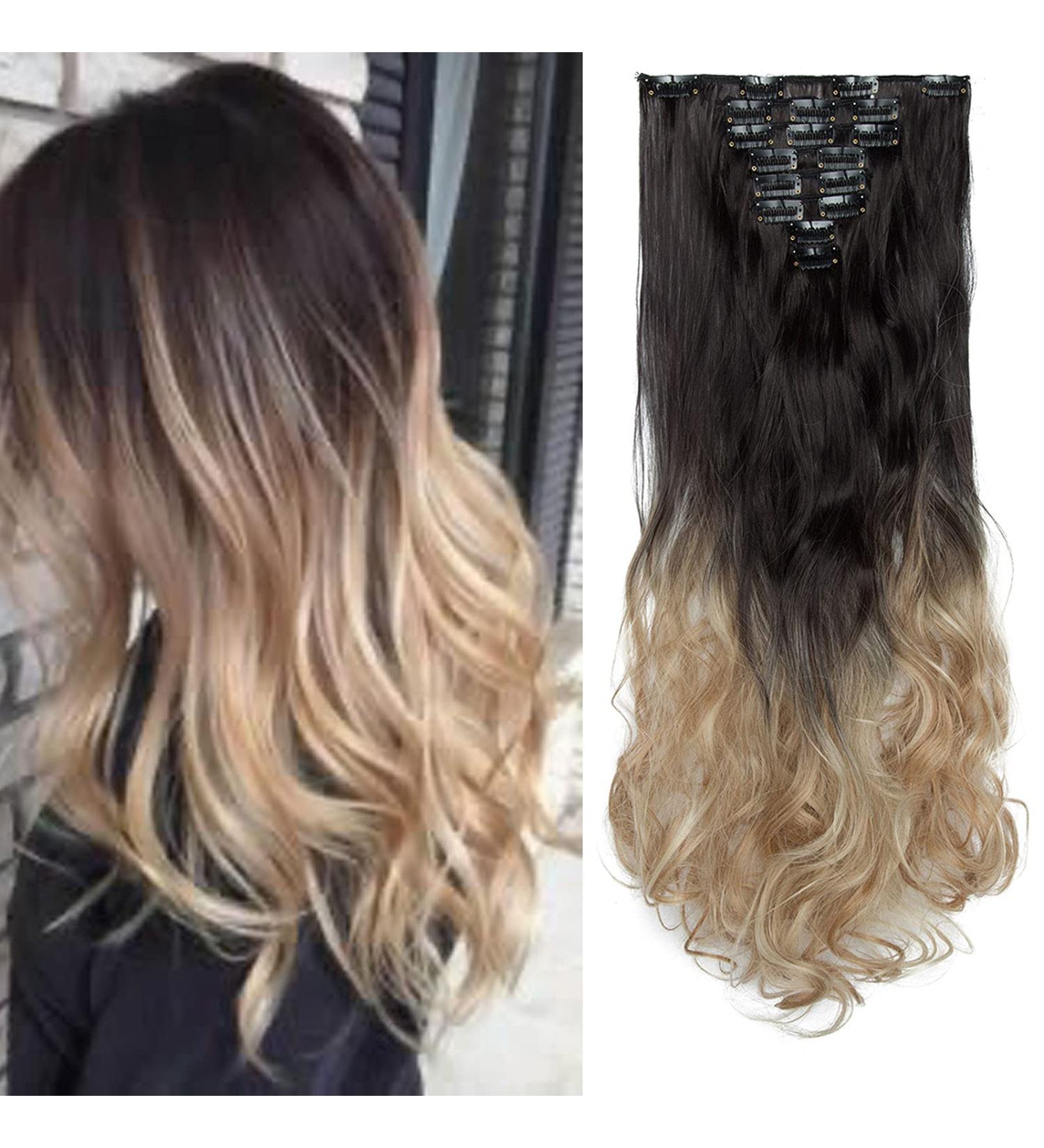Clip-In Hair Extensions - 60cm Wavy Natural Black to Sand Blonde | Real & Synthetic Hair Tresses with 18 Clips for Full Head Coverage - Buy Online on GoSupps.com