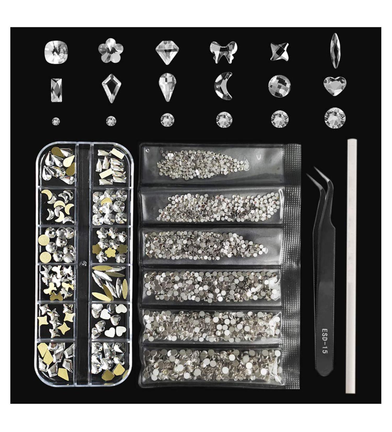 Clear Rhinestone Set - 1728 Round & Multi-Shape Flatback Clear Crystal Stones for Nails, Clothes, Face, Jewelry - 120+ pcs - Buy Online on GoSupps.com