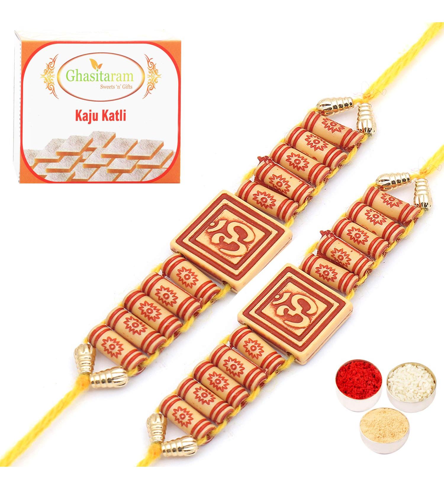 Ghasitaram Gifts Rakhi for Brother Rakhis Online- Substance of Om d0001 Rakhi with 400 GMS of Kaju katli Set of 2 Rakhis with 400 gms of Kaju katli - Buy Online on GoSupps.com