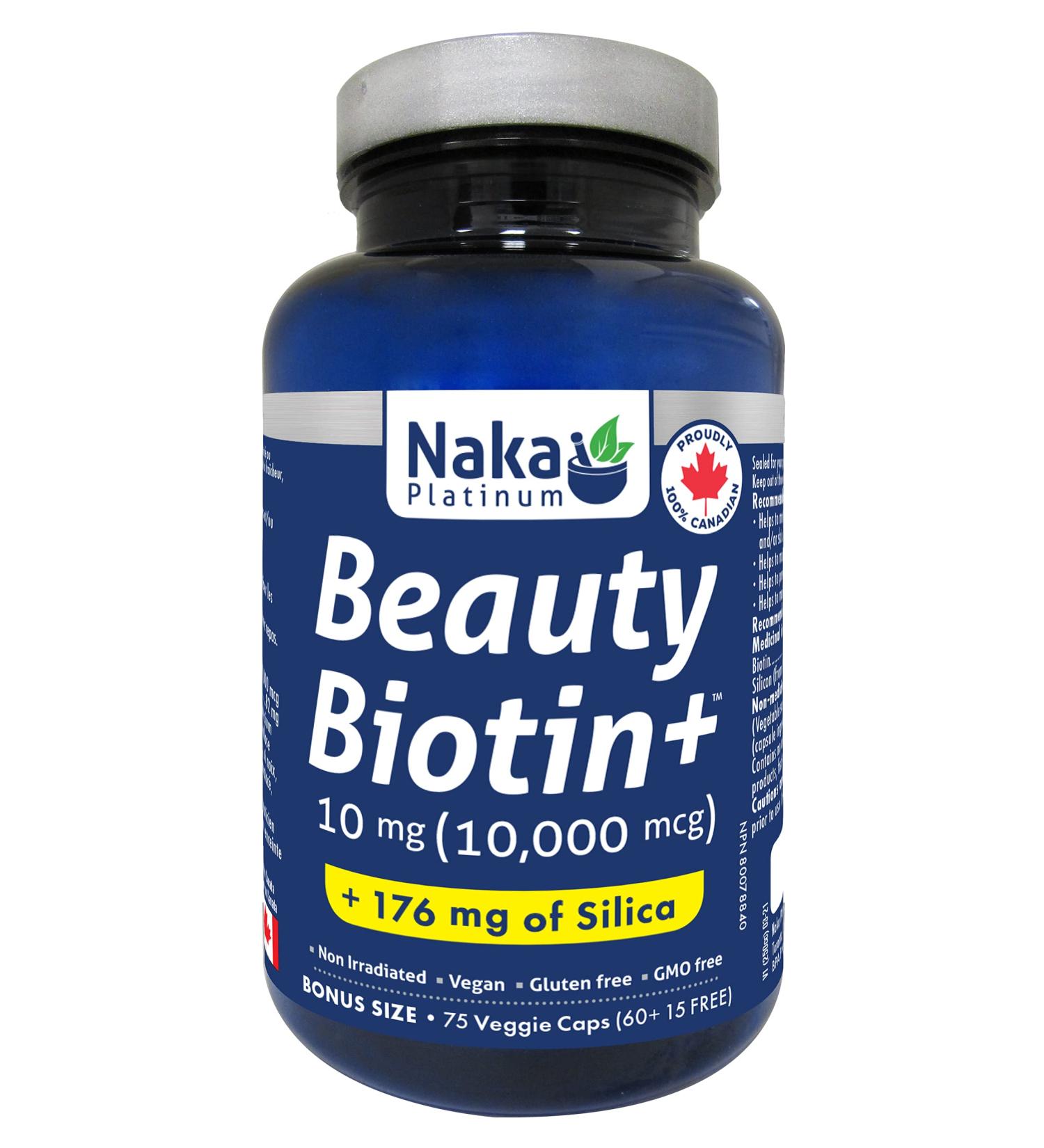 Naka Platinum Beauty Biotin+ 10 000mcg + 176mg of Silica For Healthy Hair Skin and Nails Made in Canada (60+15 FREE vcaps) - Buy Online on GoSupps.com