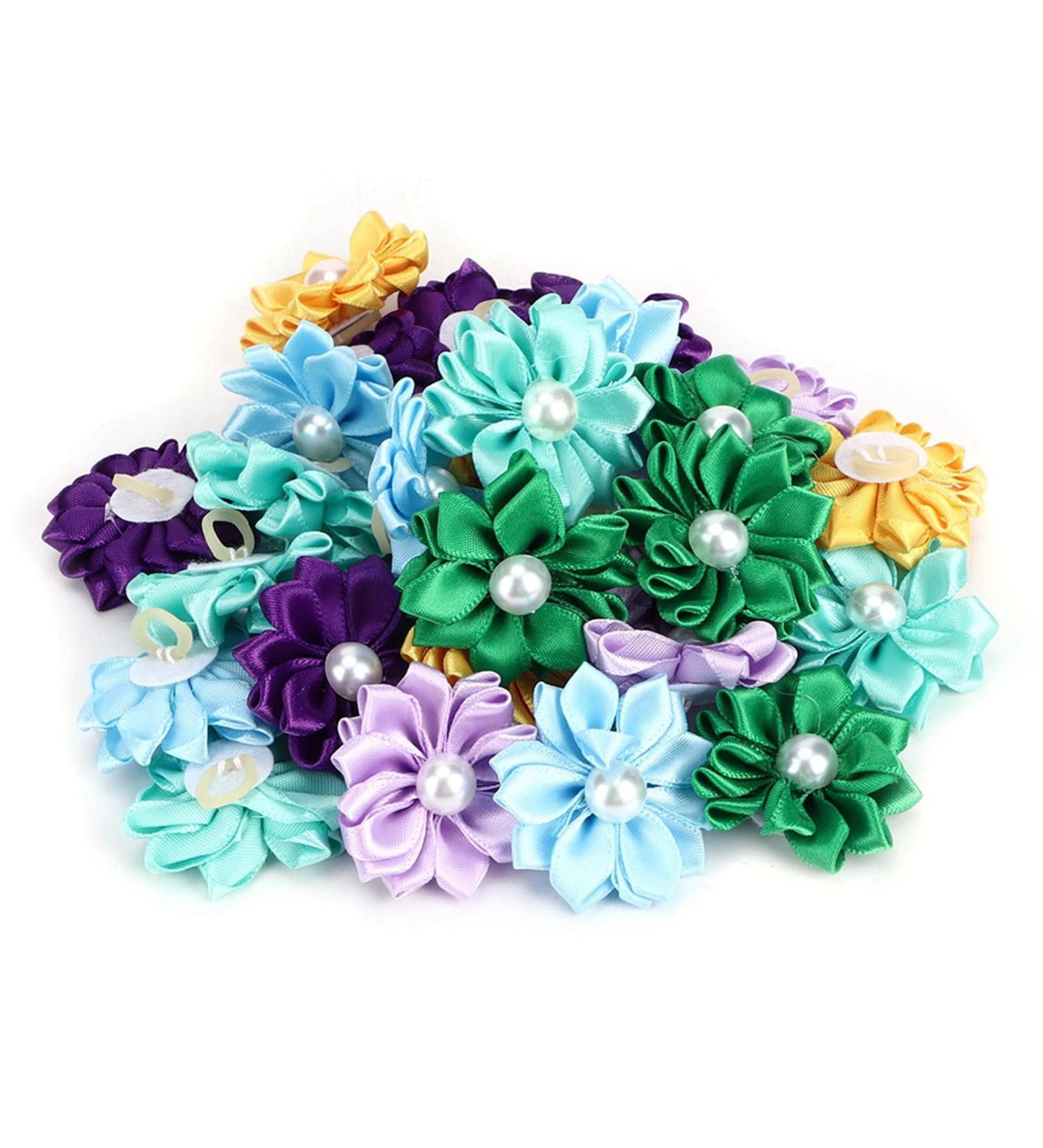 Pasamer 30Pcs Pet Hair Bows Multicolor Flower Grooming Accessories Eelastic Band for Cat Medium Small Dog Green Blue Purple Yellow - Buy Online on GoSupps.com