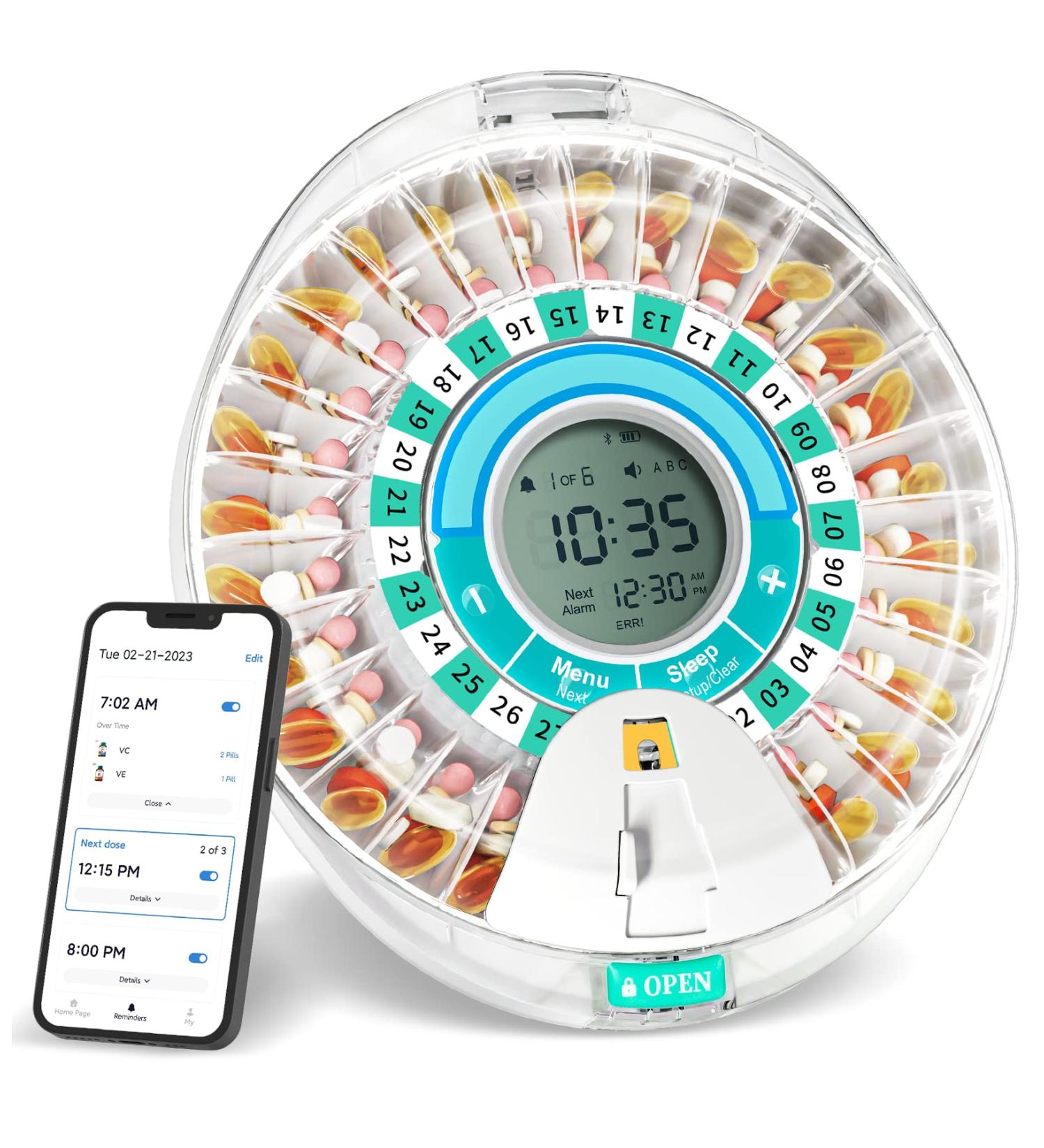 Bluetooth Smart Automatic Pill Dispenser - 28 Day Electronic Medication Organizer for Elderly with Alarm & Timed Dispensing - White & Green - Buy Online on GoSupps.com