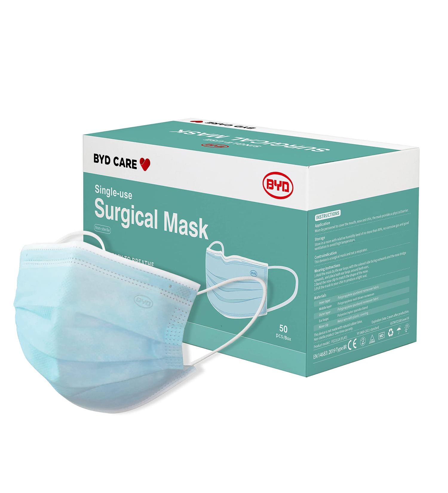 BYD CARE Disposable 3-Ply Mask ASTM Level 3 - Box of 50 | Daily Protection for Men and Women at Home, Office, School, Restaurants, Gyms - Indoor and Outdoor - Buy Online on GoSupps.com