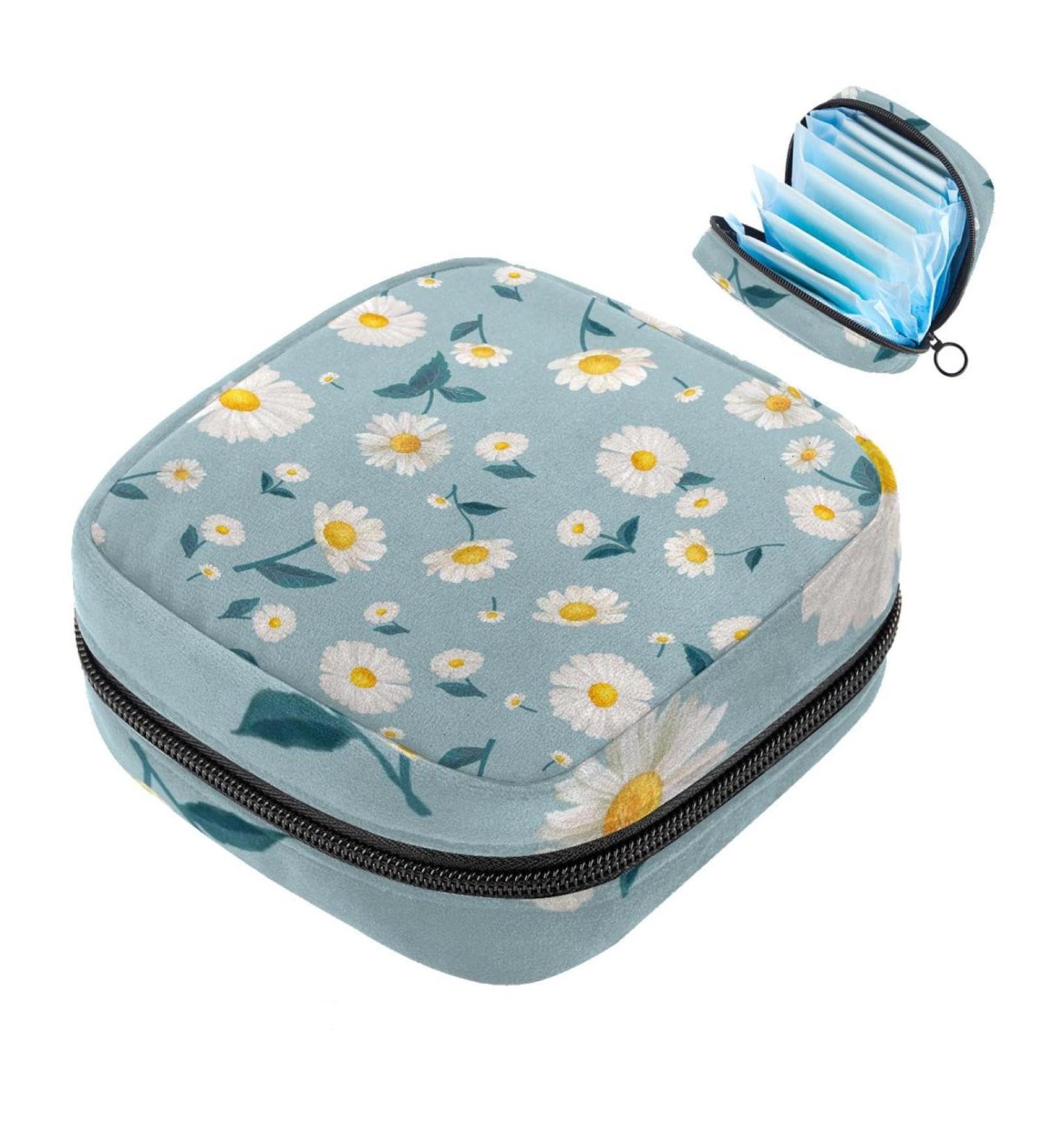 MUOOUM Sanitary Napkin Storage Bag - Daisy on Blue Background | Menstrual Cup Pouch for Women | Portable Menstrual Pad Storage Bag | Feminine Menstruation First Period Bag | Multi-colored - Buy Online on GoSupps.com