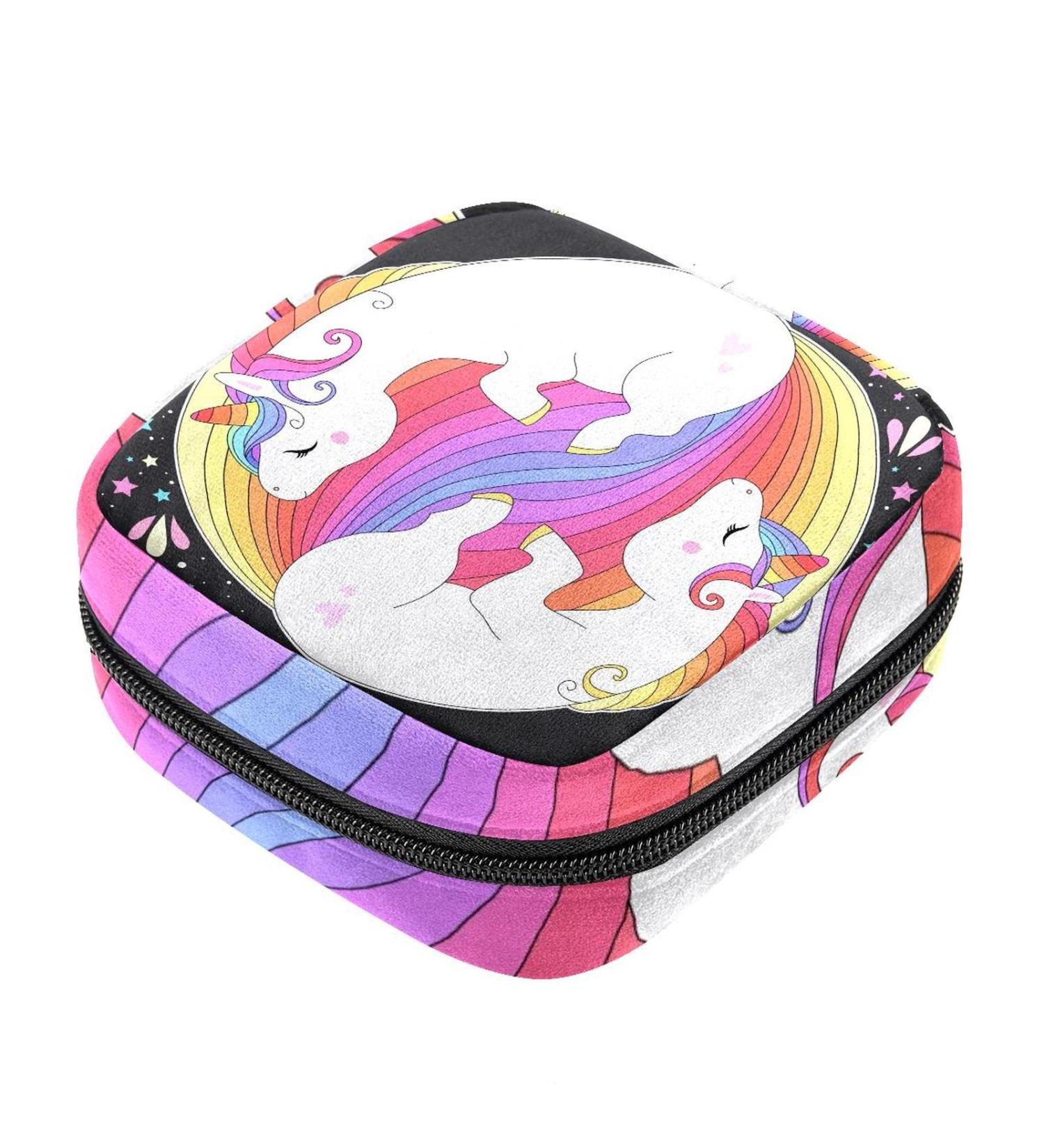 Shop Cute Unicorn Women's Napkin Storage Bag | Rainbow Hair Stars & Yin Yang | Portable Menstruation Bags for First Periods - Buy Online on GoSupps.com