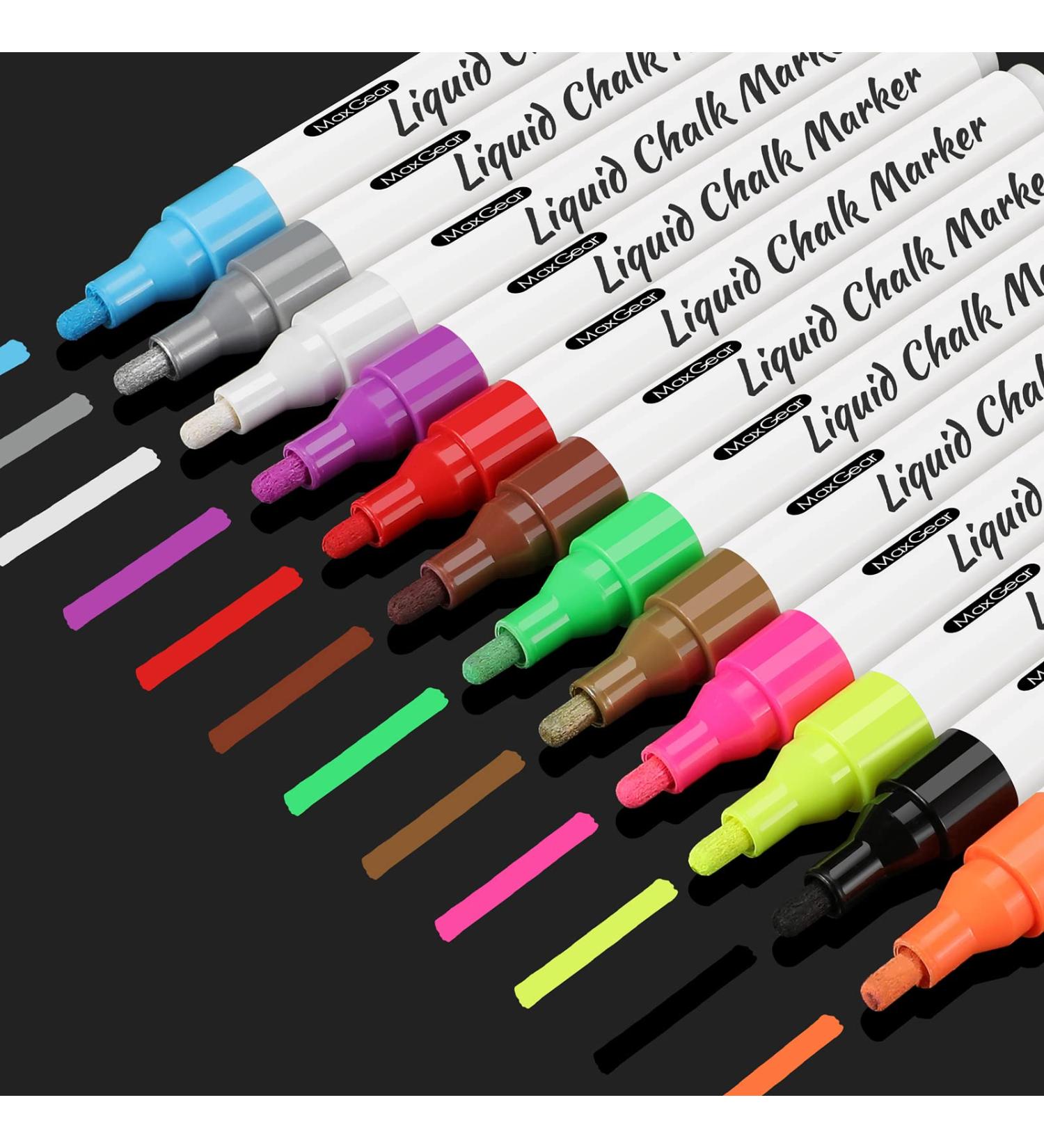 MaxGear Liquid Chalk Markers - 12 Assorted Neon Colors for Blackboard, Chalkboard, and Windows - Erasable and Washable Chalk Marker Pens - Buy Online on GoSupps.com