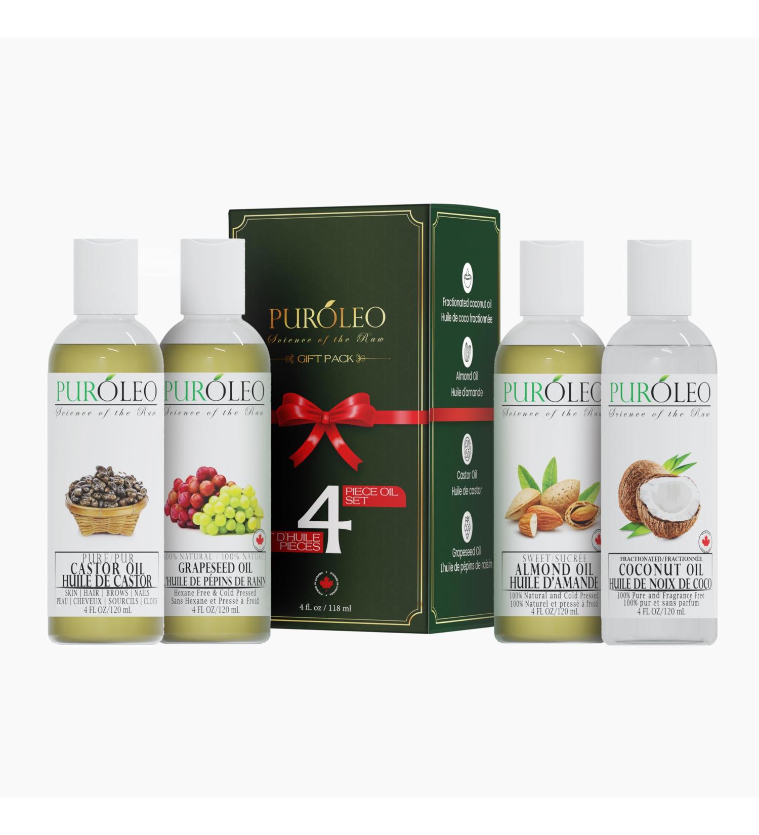 PUR LEO Carrier Oil Gift Set- 4 Pack - Coconut Oil- Almond Oil - Castor Oil - Grapeseed Oil - 100% Natural Moisturizing Massage 4 Pc (4 Fl Oz) 118.25 Fl Oz (Pack of 4) - Buy Online on GoSupps.com