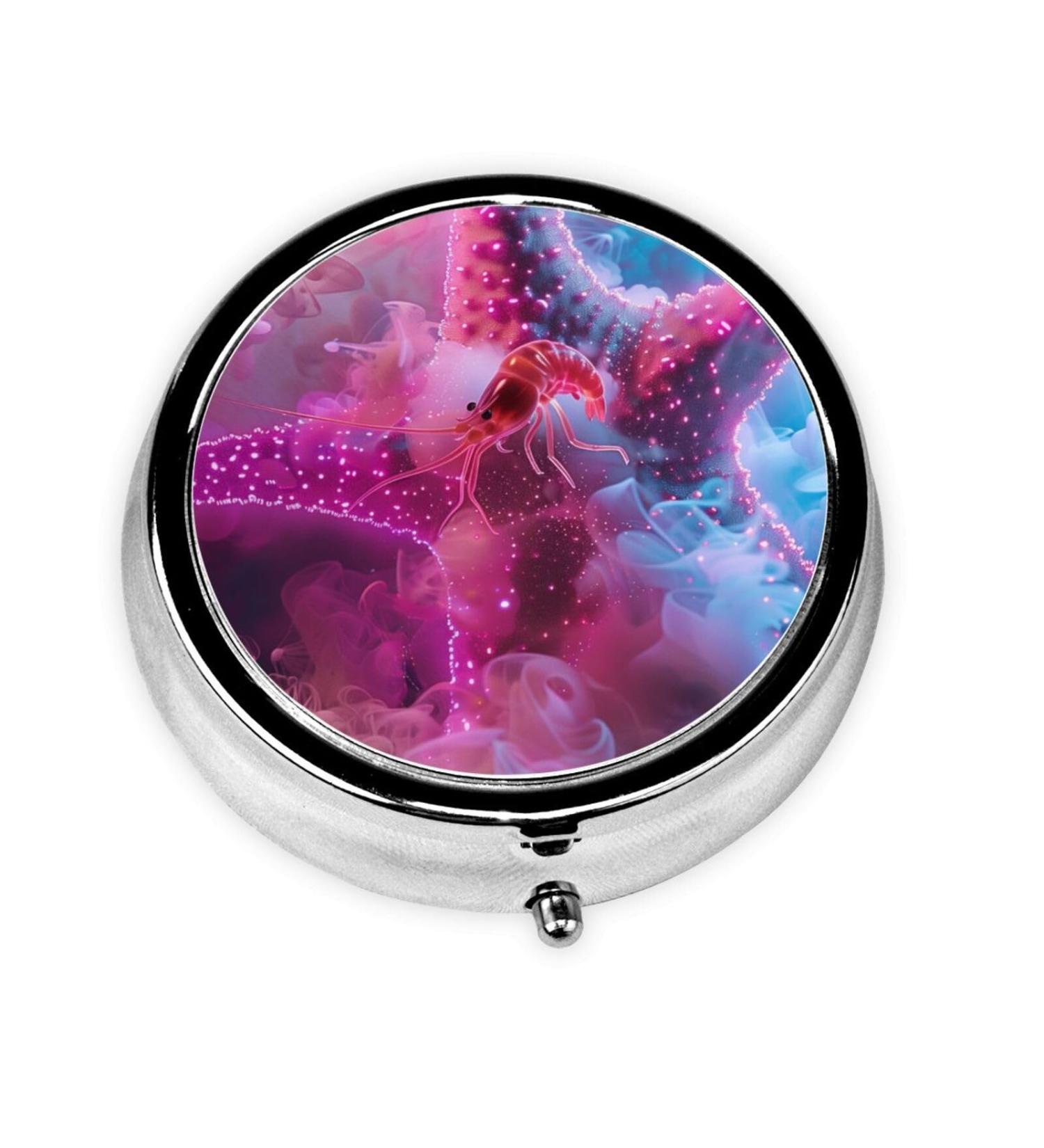 Starfish & Shrimp Portable Metal Pill Box - Round Mini 3-Compartment Ideal for Travel & Small Pills - Buy Online on GoSupps.com