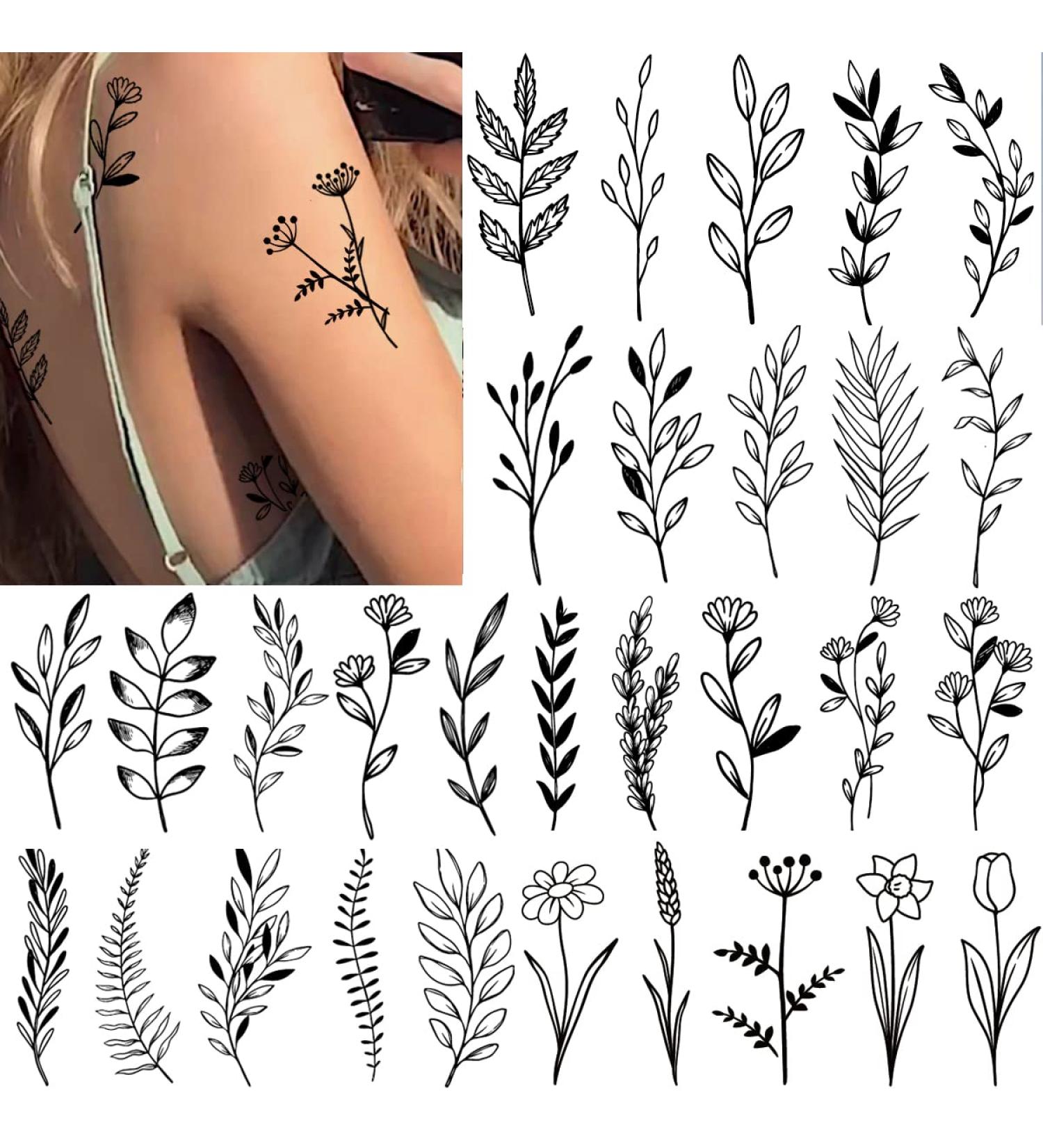 Tazimi Black Flower Temporary Tattoos - Set of 12 Small Wild Floral Bouquet Stickers for Women | Body Art Arm Sketch Tattoo Stickers - Buy Online on GoSupps.com