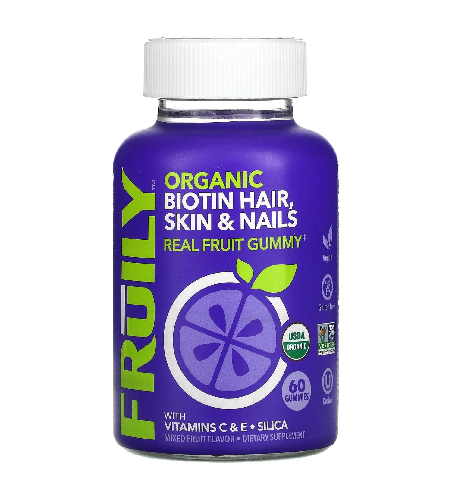 Fruily Organic Biotin Hair Skin & Nails with Vitamins C & E Silica Mixed Fruit 60 Gummies