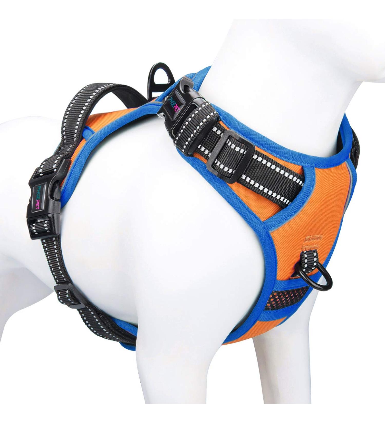 Phoepet 2019 Adjustable Reflective Dog Harness for Large Breeds - Easy On/Off Handle 2 Metal Rings - Orange (L: Neck 16-24 Chest 22-33) - Buy Online on GoSupps.com