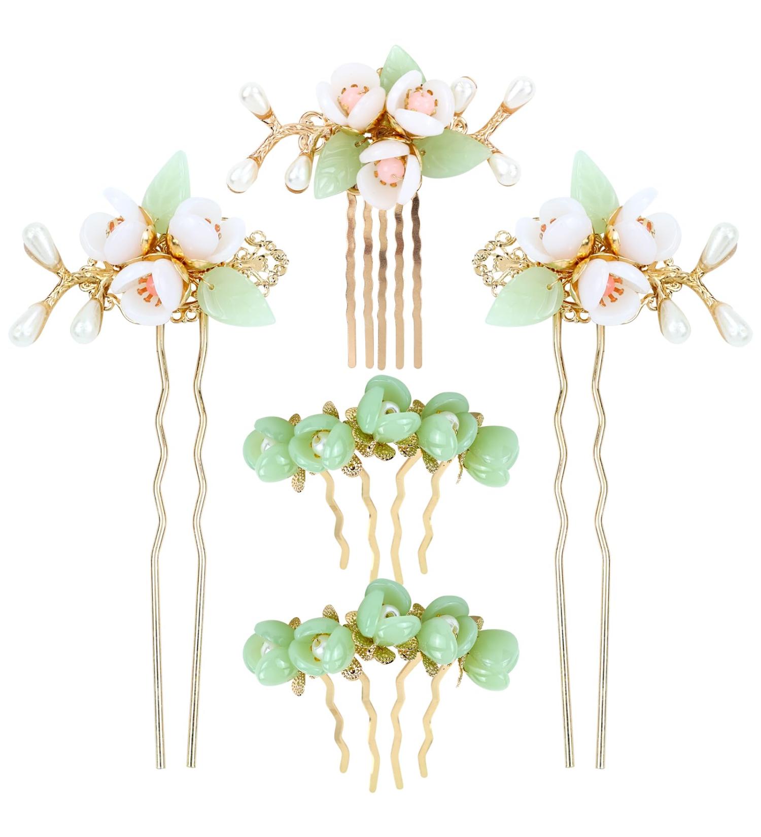 Vintage Asian Chinese Hanfu Pearl Green Jade Hair Combs & Pins Set | Hair Accessories for Women & Girls - Buy Online on GoSupps.com