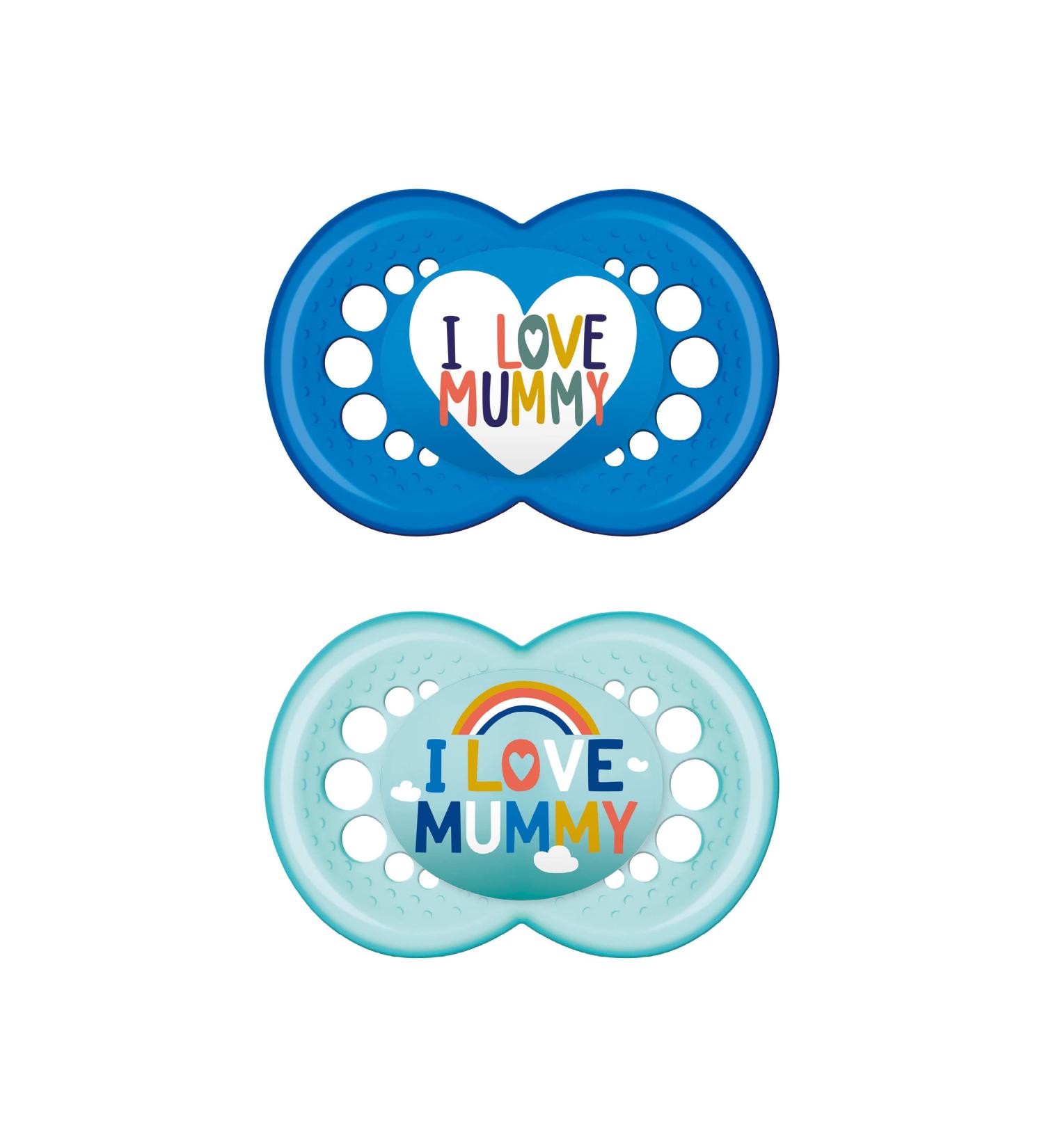MAM Original Silicone Pacifier Set - Tooth-Friendly Baby Soothers (6-16 Months) - Skinsoft Silicone with Case - I Love Mummy Turquoise - Buy Online on GoSupps.com