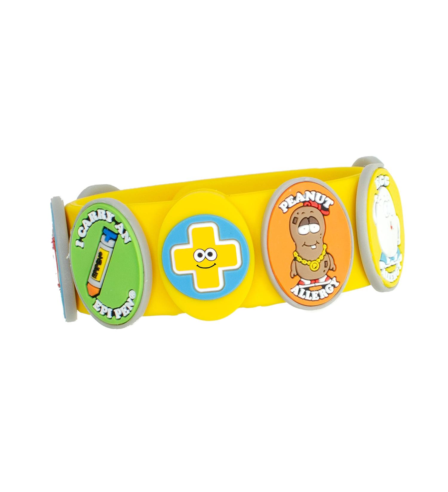 Kids Food Allergy Bracelet Kit - Yellow Silicone Bracelet with Peanut, Nut, Dairy, Egg, Wheat Charms - Epi Pen Charm Included - Medical Alert Bracelet - Buy Online on GoSupps.com