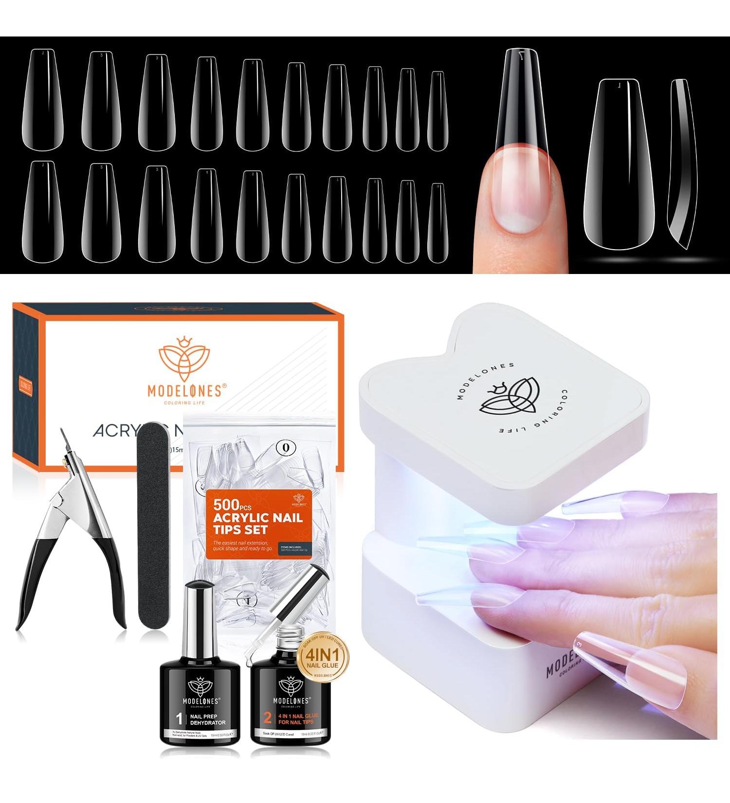 Modelones Nail Tips & Glue Gel Kit - 500 Pieces Mini UV Lamp Gel Nail Extension Set Transparent Color - Perfect Nail Art Gift - Buy Online on GoSupps.com
