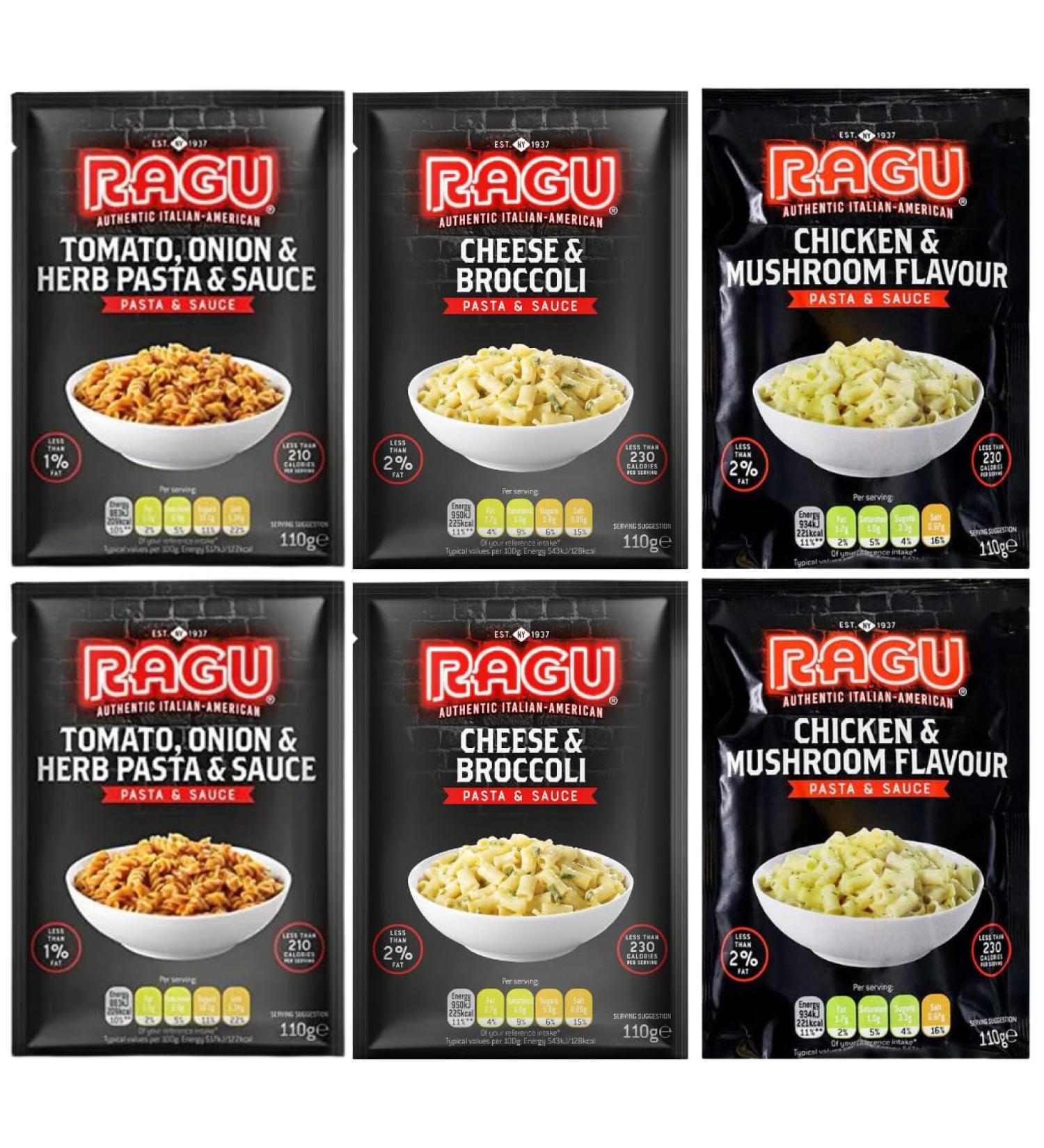 Tomato Onion & Herb Pasta & Sauce 110g x2 with Cheese & Broccoli Pasta & Sauce 110g x2 & Chicken & Mushroom Pasta & Sauce 110g x2 - Bundle Consisting of Ragu 6 Pack