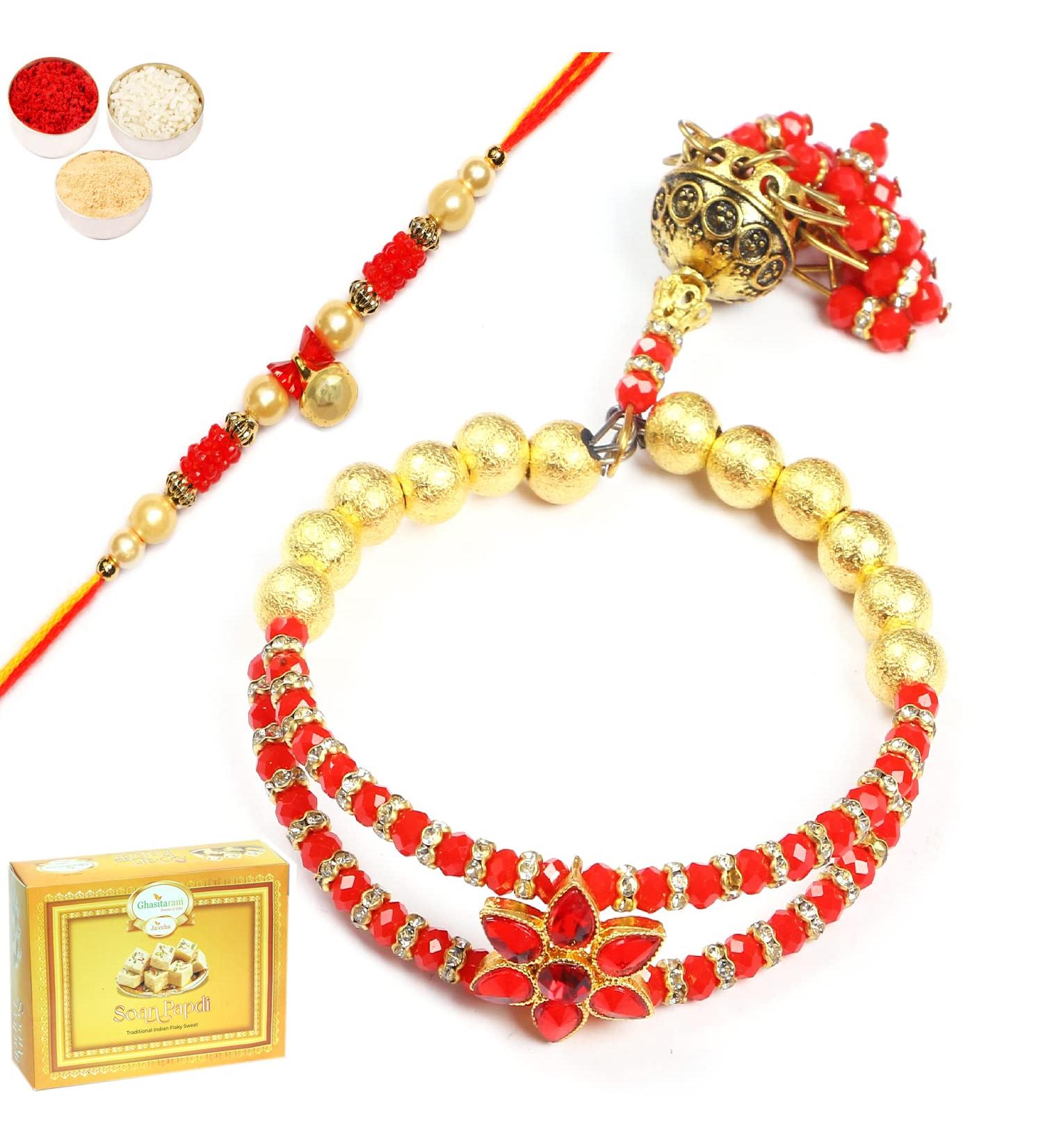 Ghasitaram Gifts Rakhis Online - Rakhi for Brother-T-101 Bhaiya Bhabhi Rakhi with 200 GMS of Soan Papdi Rakhi Set with 200 gms of Soan Papdi - Buy Online on GoSupps.com