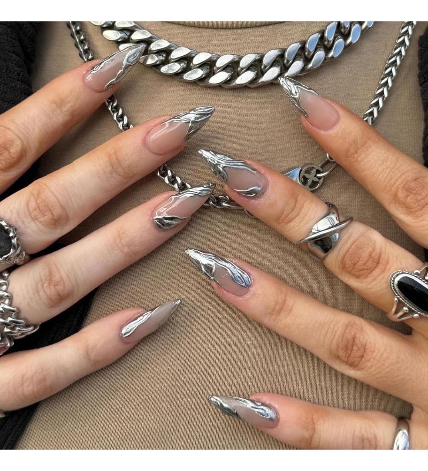 French Tip Press on Nails - Medium pointed tip Press On Nails with Nail Tips Silver Almond Shaped Design press on nails Acrylic False Nails Cute Artificial Nails - Buy Online on GoSupps.com