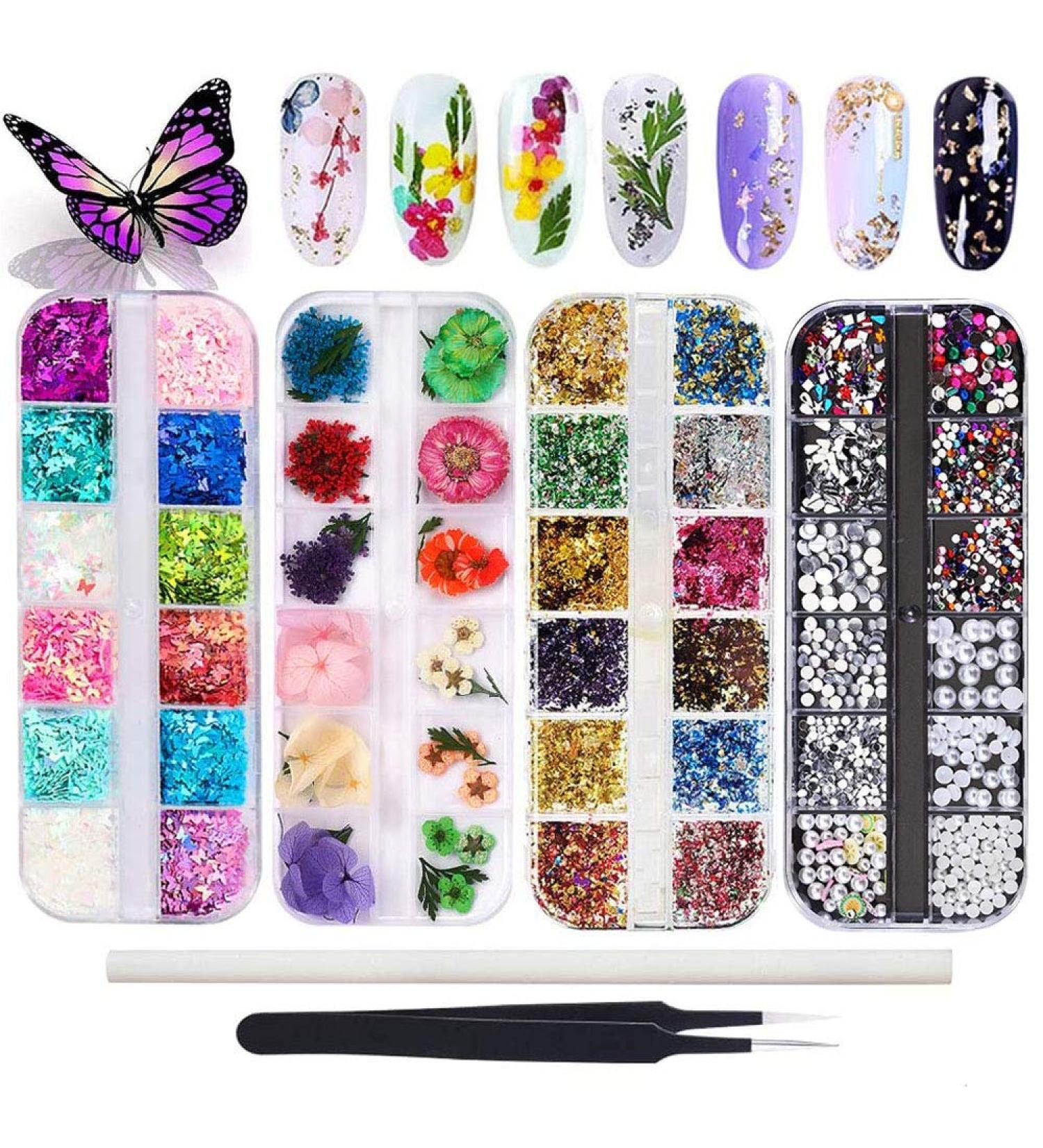 Kalolary Nail Art Kit with Butterfly Sequins, Dried Flowers, Foil, Shavings, Rhinestones, Tweezers, and Picker Pencil - DIY Female Nail Decoration - Buy Online on GoSupps.com