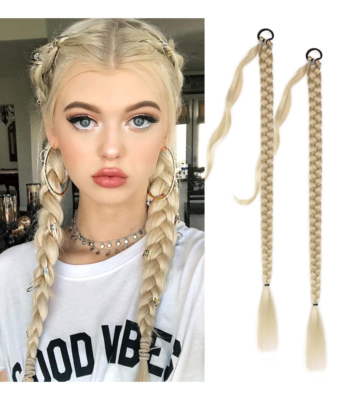 Fulang Hair 2pcs Braid Ponytail Extension - Faded Gold Braided Hair Tie for Long Ponytail Art - Ideal for Women - Buy Online on GoSupps.com