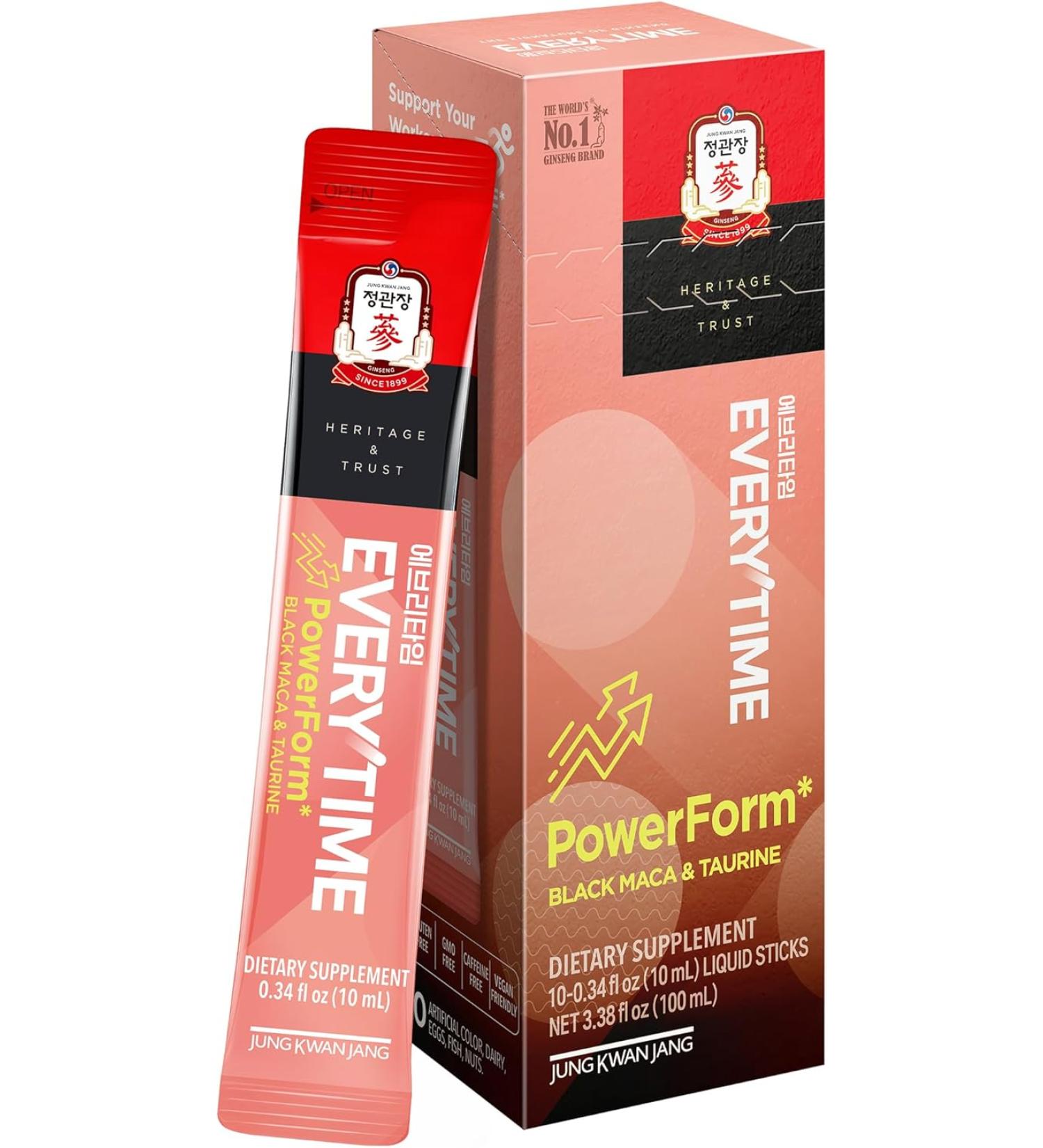 JUNG KWAN JANG Everytime PowerForm - Herbal Energy Drink Packets with Korean Red Ginseng, Black Maca Root & Taurine - Non GMO (0.33 fl oz, 10 Sticks) - Buy Online on GoSupps.com