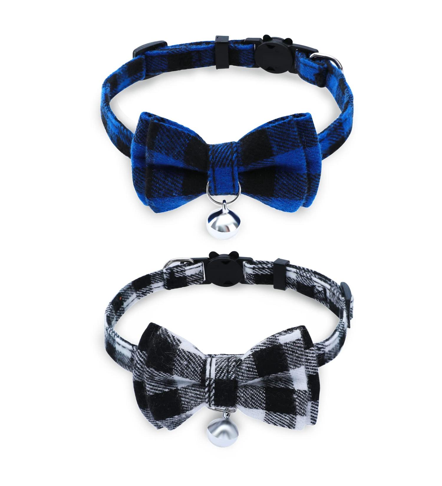 BuntyJoy Plaid Breakaway Cat Collar with Bow Tie & Bell - Pack of 2 Blue & Black | Safety Kitten Collars for Boy & Girl Cats - Buy Online on GoSupps.com