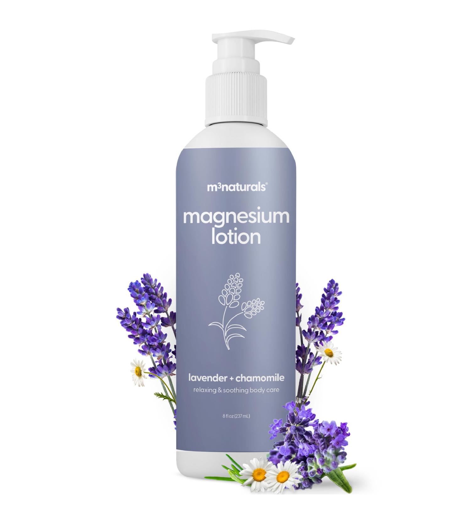 Lavender & Chamomile Magnesium Lotion for Sleep, Relaxing Nightime Cream for Leg Cramps, Sore Feet and Joints | with Moisturizing Shea Butter, Coconut Oil, Collagen, Stem Cells, 8 fl oz by M3 - Buy Online on GoSupps.com