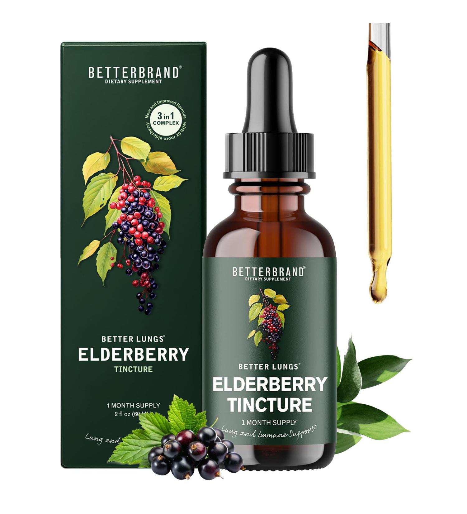Betterbrand BetterLungs Elderberry Tincture, Natural Immune Support Supplement - Sugar-Free, Non-GMO, Alcohol Free, Vegetarian - 30 Day Supply - Buy Online on GoSupps.com