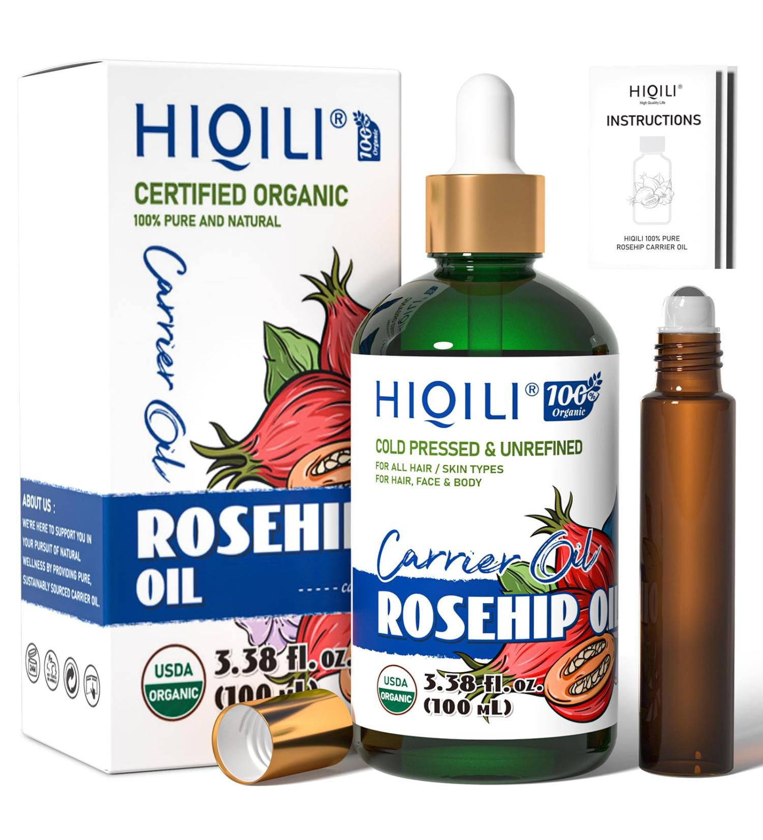 HIQILI 3.38 Fl Oz Organic Rosehip Seed Oil for Face 100% Pure and Natural Cold Pressed Carrier Oil for Skin Hair & Nails - Women & Men - Buy Online on GoSupps.com