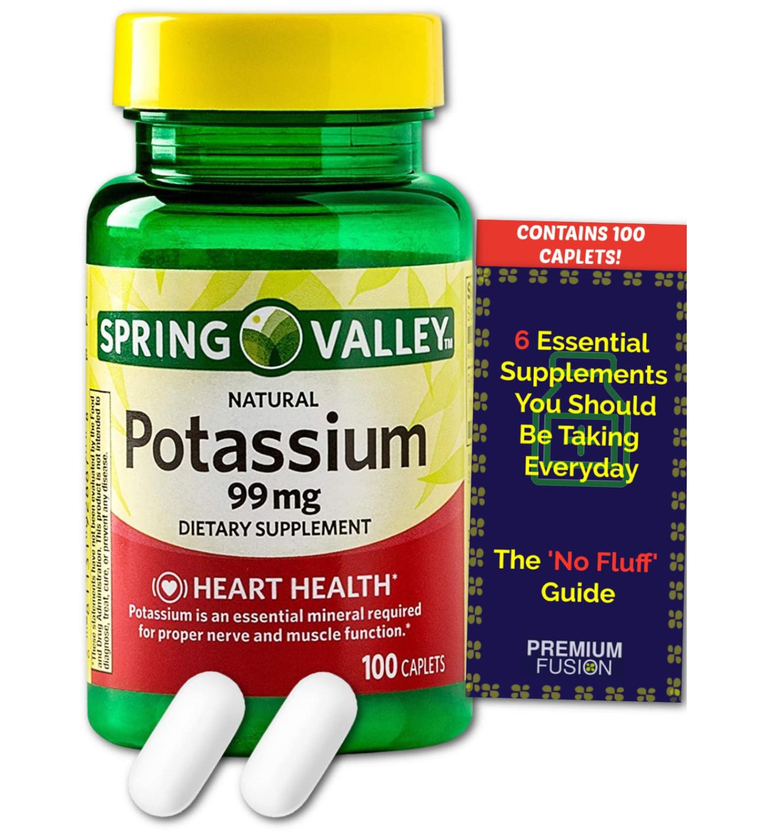 Spring Valley Potassium Supplement 99mg Caplets - 100 Caplets - 3+ Month Supply | Heart, Nerve & Muscle Support + Vitamin Pouch - Buy Online on GoSupps.com