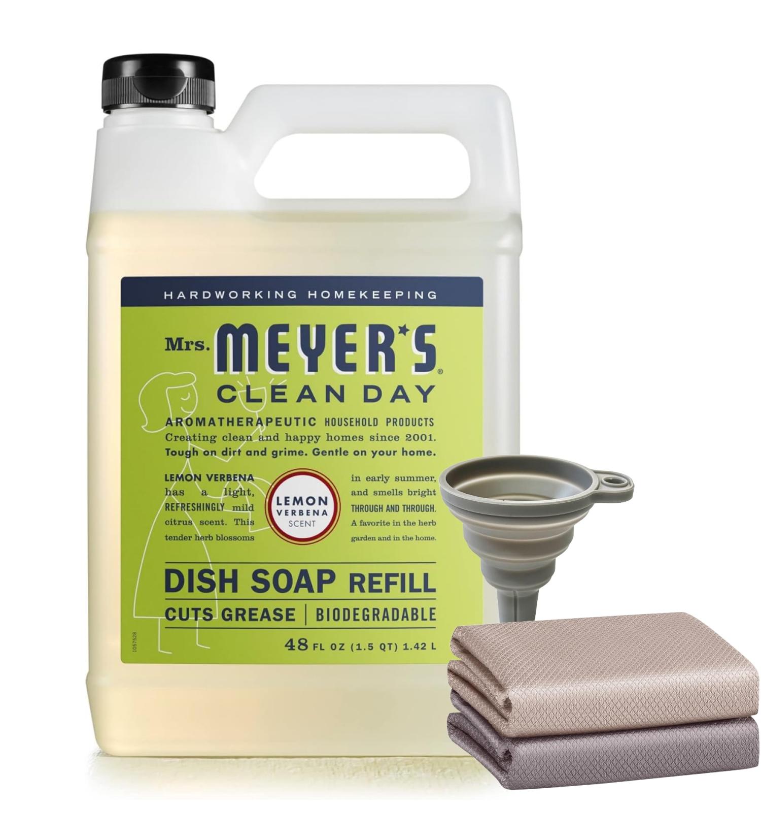 Mrs. Meyers Liquid Dish Soap Refill - Lemon Verbena - 48 FL OZ | Includes Silicone Funnel & Magic Cleaning Cloths - 4 Piece Set | International Shipping - Buy Online on GoSupps.com