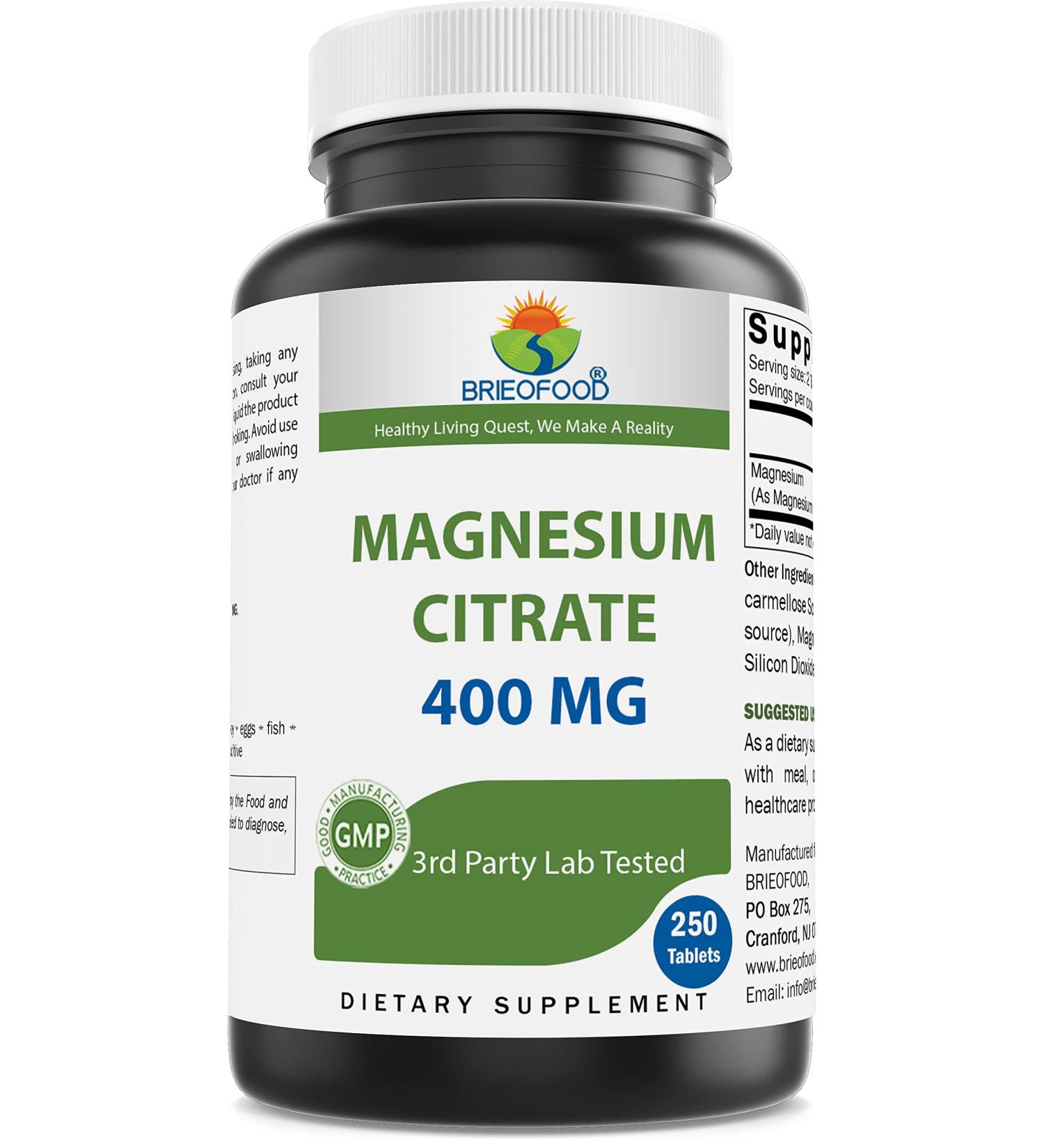 Brieofood Magnesium Citrate 400 mg (Elemental Mg) per Serving - 250 Tablets - Muscle Relaxation (Citrato de Magnesio)
