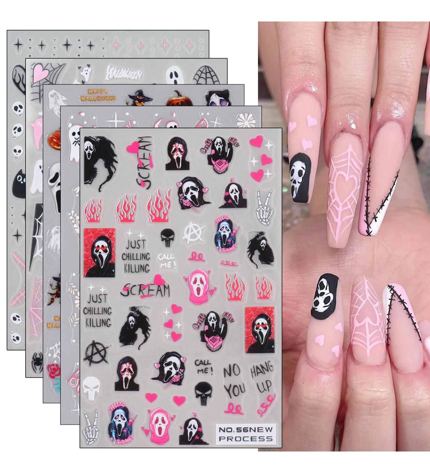 JMEOWIO 6 Sheets Halloween Nail Art Stickers Decals Self-Adhesive Cute Skull Horror Ghost Witchy Spider Web Bat Spook Nail Supplies Nail Art Design Decoration Accessories - Buy Online on GoSupps.com