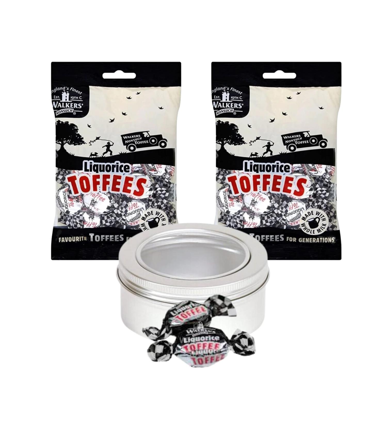 Toffee Sweets Bundle with Walkers Liquorice Flavour x 2 Bags 300g and Silver Window Lid Refillable On-the-Go Travel Tin - Buy Online on GoSupps.com