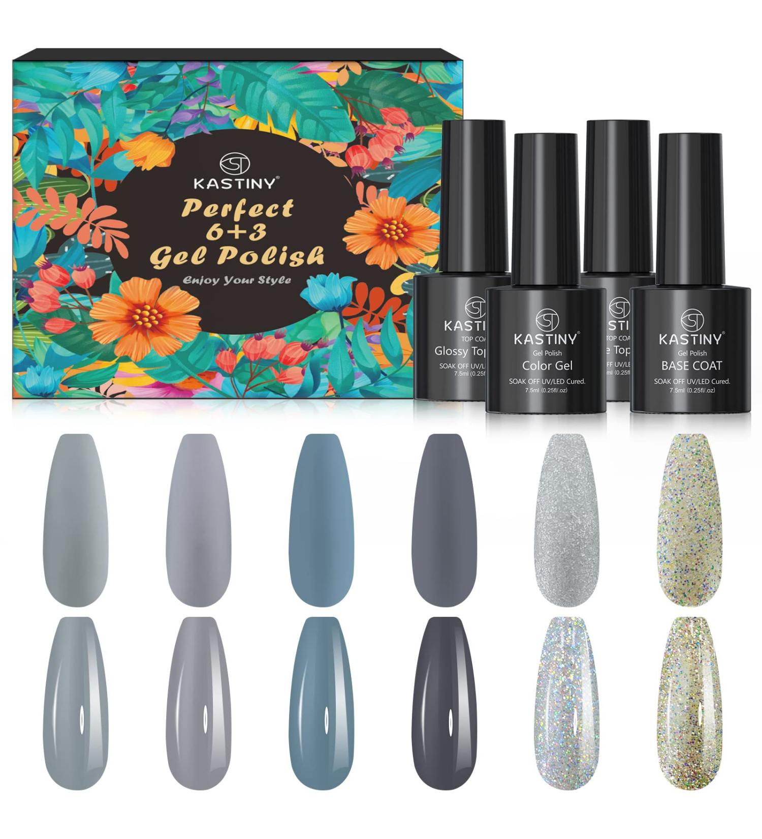 Kastiny 9Pcs Elegant Grey Gel Nail Polish Kit with Base, Glossy & Matte Top Coat Set - DIY Manicure Kit for New Year or Valentine's Day Gift - Buy Online on GoSupps.com