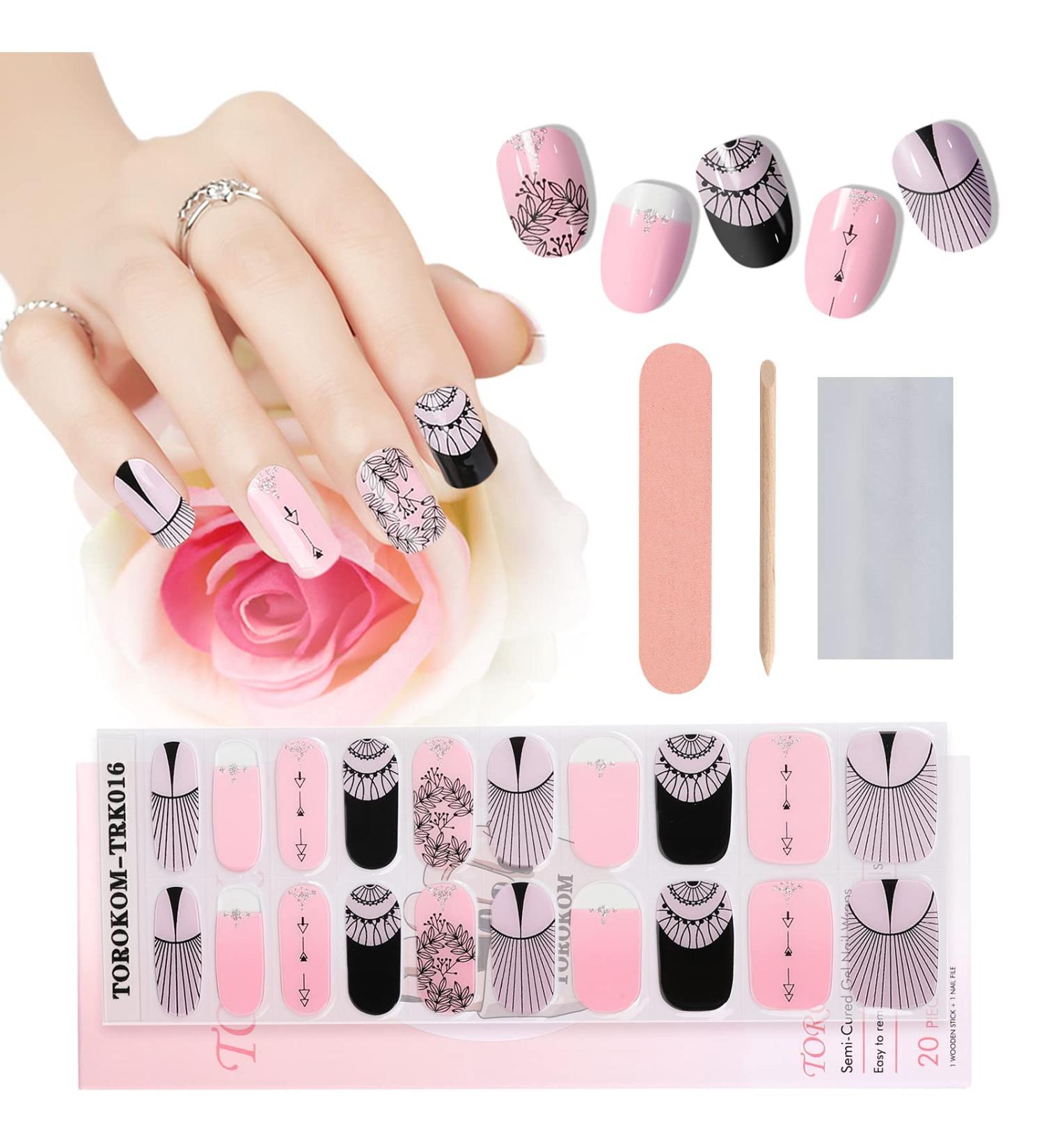 EBANKU Purple Blue Semi Cured Gel Nail Strips | Long Lasting Waterproof Nail Wraps with Cuticle Stick, File, Wipes | UV/LED Lamp Required | Pink and Black - Buy Online on GoSupps.com