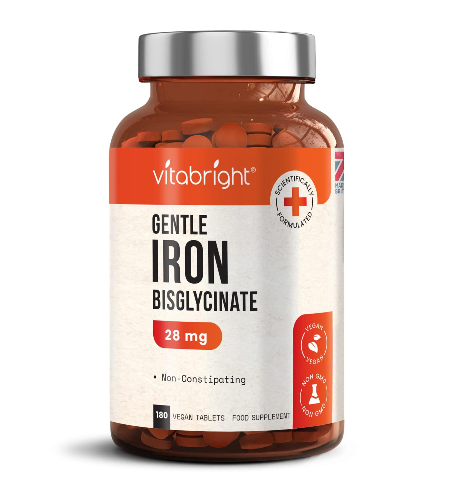Gentle Iron Tablets 28mg - 180 Vegan Tablets | 3 Month Supply | Iron Bisglycinate Chelate for Men & Women | 200% NRV Iron Pills for Tiredness & Fatigue - Buy Online on GoSupps.com
