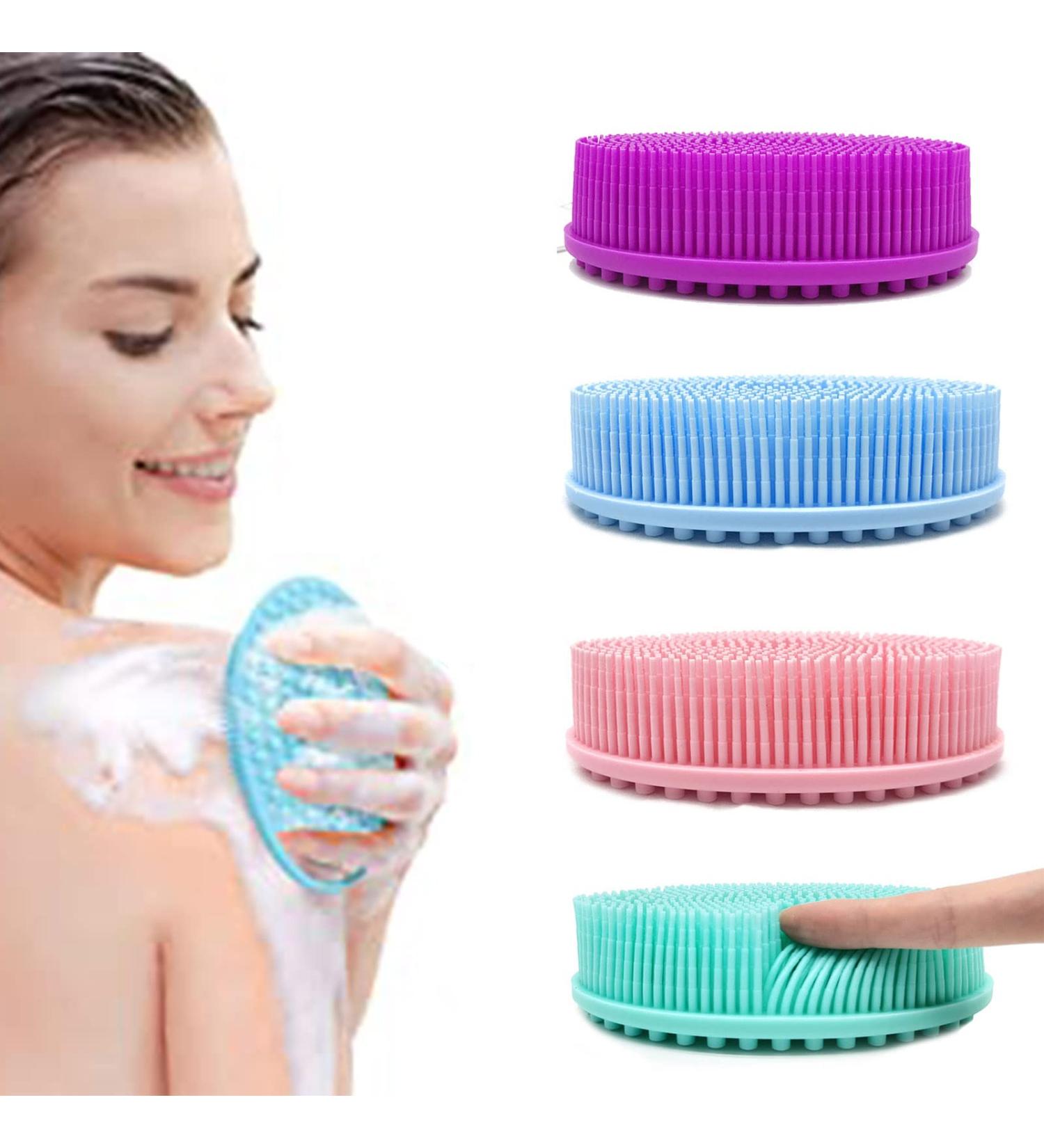 4 Pack Exfoliating Silicone Body Scrubber - Soft & Long Lasting Shower Brush for Sensitive Skin - Flat Blue Pink Green Purple - Buy Online on GoSupps.com