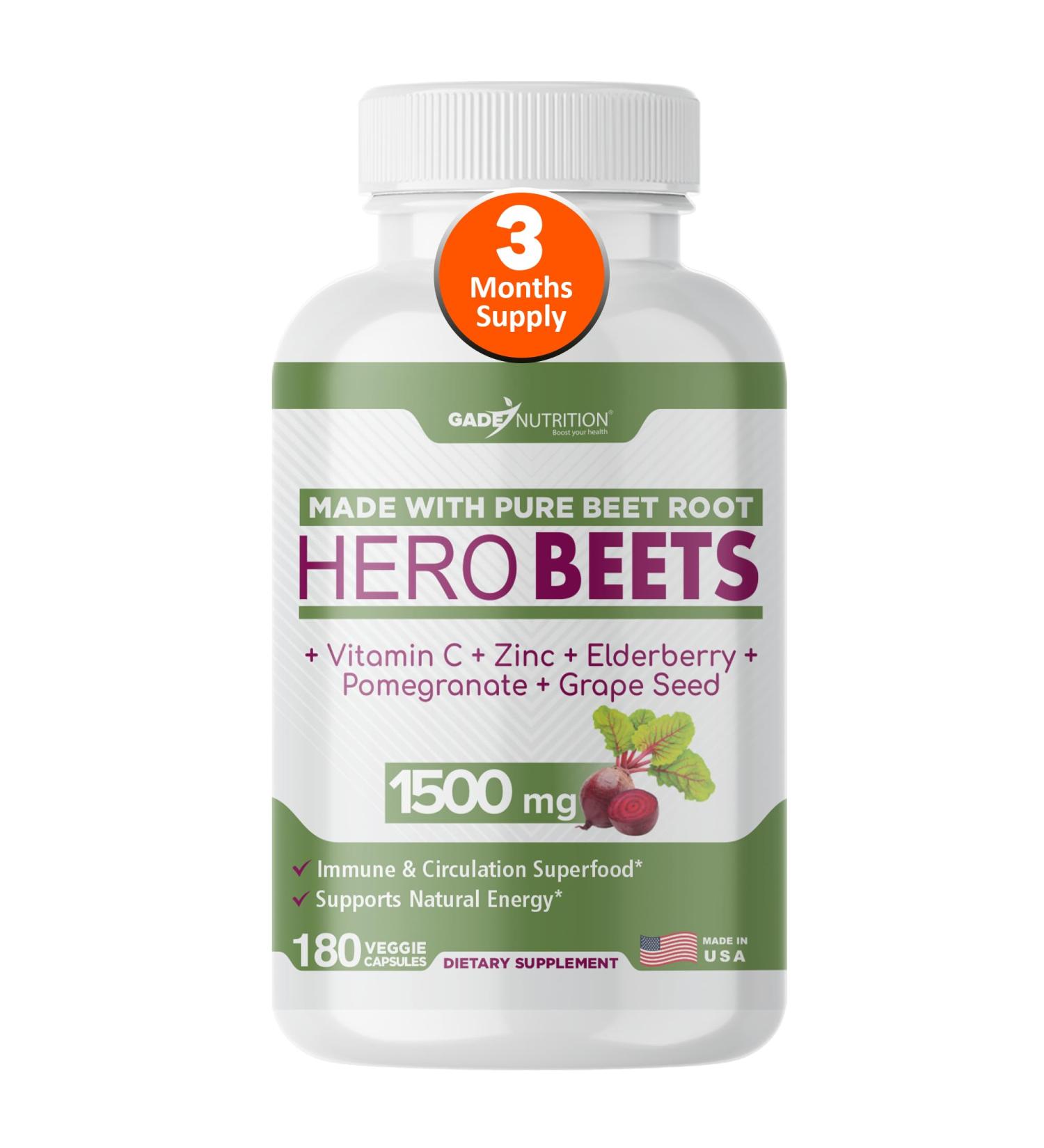 Gade Nutrition Hero Beets - Beet Root Capsules 1500mg - Organic Beet Root Powder + Vitamin C Zinc Elderberry Pomegranate Grape Seed Extract - 3 Months Supply 90 Count (Pack of 1) - Buy Online on GoSupps.com