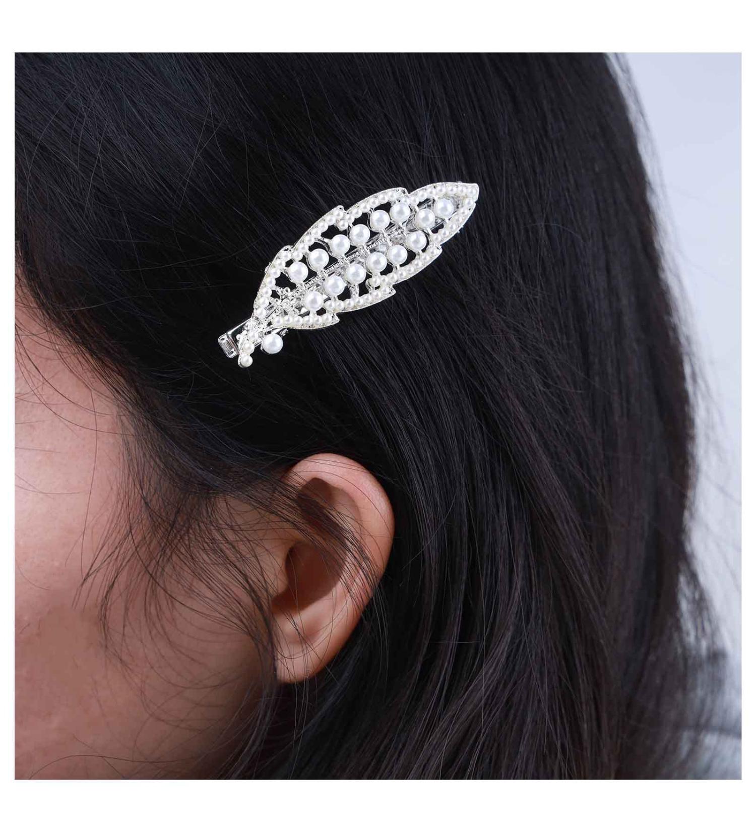 Inilbran Boho Pearl Hair Clip Barrette Silver Leaf Hair Barrette Clip Vintage Pearl Leaf Hairpin Clip French Pearl Bridal Headpieces Decorative Headwear Hair Accessories for Women and Girls - Buy Online on GoSupps.com